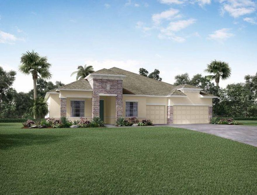 Under Construction. Your Dream Home Awaits! Set on an over-an-acre oversized corner lot, this stunning Livorno in Pine Ridge blends modern elegance with everyday functionality, offering high-end upgrades and thoughtful design throughout. The stone-accent exterior and side-entry 3-car garage with workshop create an impressive first impression, while the 8’ full-lite front glass door welcomes you into a space defined by style and sophistication.

Inside, soaring 11’ ceilings and crown molding enhance the open, airy feel from the moment you step into the foyer with tray ceiling. To one side, a Den with double French doors offers the perfect home office or study, while the formal dining room sets the stage for memorable gatherings.

At the heart of the home, the gourmet kitchen features quartz countertops, a full line of stainless steel appliances including wall oven and cooktop, a wet bar with mini fridge, upgraded cabinets with under-cabinet lighting, tile backsplash, and a large island. A bright breakfast nook overlooks the spacious great room, where abundant natural light makes it ideal for both daily living and entertaining.

The luxurious primary suite is a private retreat, boasting two walk-in closets, dual sinks, and an oversized walk-in tile shower. Bedrooms 2, 3, and 4 are generously sized—two with walk-in closets—and are served by two additional bathrooms, ensuring comfort and privacy for family or guests.

Step just off the great room to a large covered lanai, perfect for relaxing or hosting gatherings while embracing Florida’s indoor-outdoor lifestyle. Upgraded ceramic tile flooring flows through the main living areas, while plush carpet adds comfort in the bedrooms.

Additional features include landscaping, an irrigation system, architectural shingles, and Smart Home technology—Ring Video Doorbell, Smart Thermostat, Keyless Entry Smart Door Lock, and Deako Switches—for convenience and peace of mind. Backed by a full builder warranty, this home offers unmatched style, comfort, and practicality.

The Livorno isn’t just a home—it’s a lifestyle statement. Schedule your private tour today and experience it for yourself!