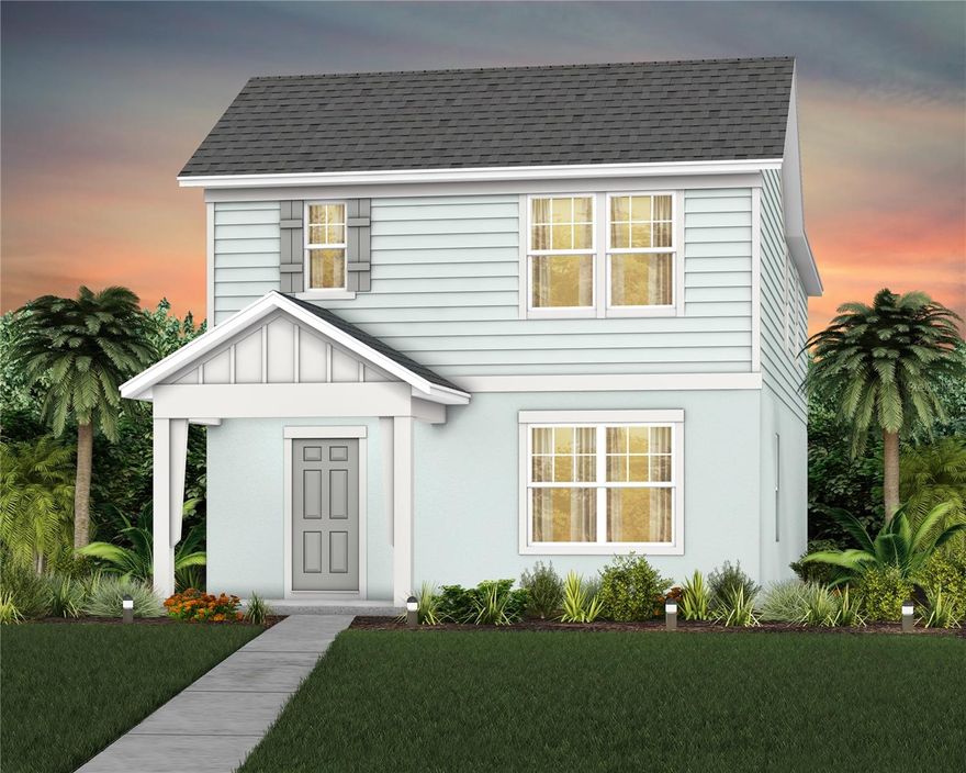 EverBe is a new master planned community where convenience and connections combine to create a new standard for home. Located in Orlando with quick access to 417 & 528, this lifestyle community will offer miles of pathways & trails, wi-fi-enabled green spaces, unique outdoor recreation areas, a fitness center, a clubhouse complex with resort pool, 2G internet, and a waterfront amenity and town center. Get excited for EverBe - everything home should ever be!
Introducing the Haddock bungalow, a brand-new home that combines modern design and ultimate comfort, featuring 4 spacious bedrooms, 2 full bathrooms, a powder room, a covered lanai, and a 2-car rear-load detached garage. The heart of the home is the open-concept kitchen, café, and gathering room, all bathed in natural light. This inviting space is perfect for both everyday living and entertaining. The kitchen boasts a large center island, a convenient storage pantry, and top-of-the-line Whirlpool stainless steel appliances—including a refrigerator and vented microwave. Tilden white cabinets, a decorative tile backsplash, and quartz countertops complete the sophisticated look. Just off the café, step out to the expansive covered lanai, bringing a seamless indoor-outdoor living experience. For added convenience, the first floor includes a powder room and coat closet. Upstairs, you’ll find the private owner’s suite, three additional bedrooms, a second full bathroom, and the laundry room. The owner’s suite is a true retreat, featuring a walk-in closet and a luxurious en suite bathroom with a glass-enclosed shower, quartz-topped dual vanity, private water closet, and linen closet. Throughout the first floor, enjoy the beauty of Wood-Look Luxury Vinyl Plank flooring, while tile enhances the laundry room and bathrooms. Plush, stain-resistant Shaw carpet covers the stairs, loft, and bedrooms, adding comfort and style. Smart home features include a smart thermostat, a smart doorbell, and additional LED downlights—ensuring your home is as connected as it is stunning. This new construction home perfectly blends luxury, convenience, and modern design, making it the ideal place to live and unwind.