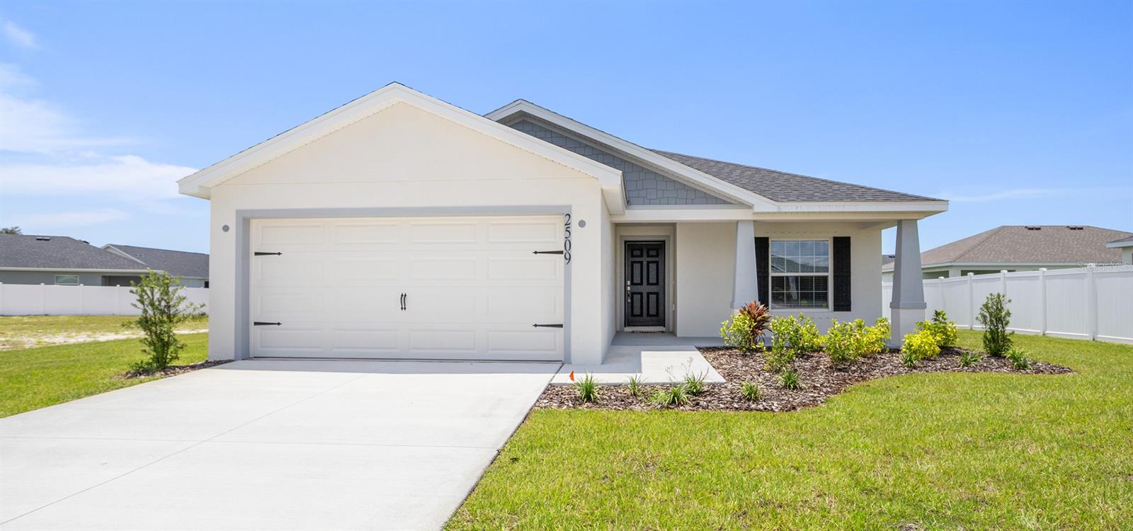 New construction home with 1,545 square feet on one-story including 3 bedrooms, 2 baths, and an open living area. Enjoy an open kitchen with granite countertops, Samsung stainless steel appliances, a walk-in pantry, and a spacious island, fully open to the dining café and gathering room. The living area, laundry room, and baths include luxury wood vinyl plank flooring, with stain-resistant carpet in the bedrooms. Your owner's suite is complete with a walk-in wardrobe and a private en-suite bath with dual vanities, a tiled shower, and a closeted toilet. Plus, enjoy a covered lanai, 2-car garage, custom-fit window blinds, architectural shingles, energy-efficient insulation and windows, and a full builder warranty. "Please note, virtual tour/photos showcases the home layout; colors and design options in actual home for sale may differ. Furnishings and décor do not convey.”