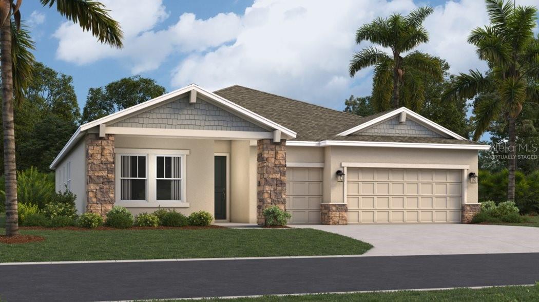 One or more photo(s) has been virtually staged. Under Construction. The luxurious Largo single story home combines modern comfort and style. An open-plan layout connects the kitchen, family room and the casual and formal dining spaces together to promote everyday living, while nearby are sliding glass doors to an intimate lanai. The lavish owner’s suite with a spa-style bathroom and the three secondary bedrooms are situated on opposite sides of the home for enhanced privacy. With “Everything’s Included”, luxury and value go hand in hand. Enjoy connectivity, green building features, plus new energy conscious appliances. Welcome to Meadow Pointe Hidden Ridge! This area features beautiful natural landscapes with plenty of options for outdoor recreation, with several parks and lakes located nearby. Strategically located close to Orlando and theme parks, it is known for its picturesque hills and pristine lakes. Schedule your appointment today!