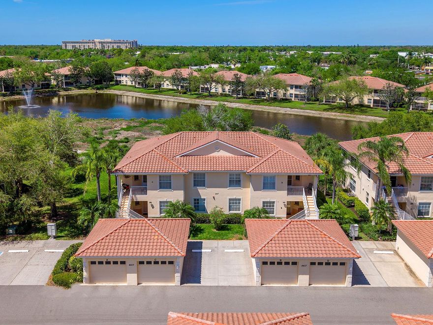 Positioned within the gated community of Venetia, this furnished three-bedroom, two-bath condominium offers peaceful pond views and a thoughtfully designed layout. Vaulted ceilings elevate the main living area, where plantation shutters and abundant natural light frame views of the water. The dining space is generously sized and oriented toward the pond through multiple windows. A galley-style kitchen features granite countertops, stainless steel appliances and bar seating, along with the living area for daily living and entertaining. Water and nature views continue into the primary suite, which includes a large walk-in closet and en-suite bath. Guest bedrooms are positioned for privacy, creating separation from the primary living areas. Interior appointments also include plantation shutters throughout and a full-size indoor laundry room. Outdoor living is enhanced by a covered rear lanai overlooking the peaceful pond, along with a welcoming front porch. The home also includes a one-car garage with extended depth, offering added storage and convenience uncommon in condominium living. Venetia is a gated community with a range of amenities, including a resort-style pool, secondary community pool, fitness center, tennis, pickleball and basketball courts, as well as a clubhouse and sidewalks throughout for recreation. The community is near shopping, beaches, Wellen Park and medical facilities. The association is professionally managed with reasonable fees and no CDD fees.
