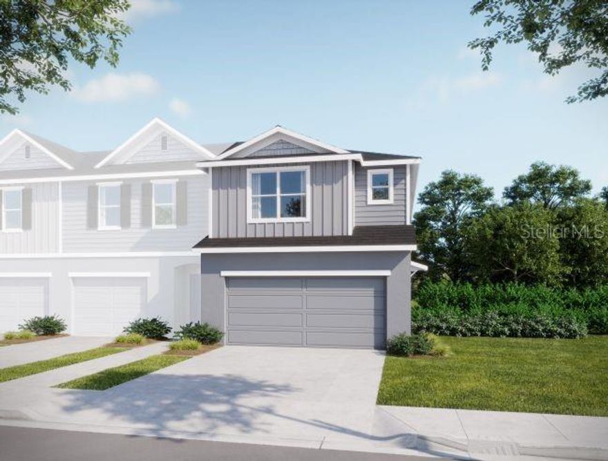 Pre-Construction. To be built. Life at Mirada Townhomes places you just moments from the community’s most celebrated attraction—the expansive Mirada Lagoon. Designed for those who value both recreation and convenience, this master-planned setting offers resort-inspired amenities including 15-acre lagoon access, a swim-up bar, and thoughtfully designed outdoor gathering spaces. This spacious two-story end-unit townhome blends contemporary style with everyday functionality, complete with a 2-car garage and a versatile loft.

The open-concept main level is ideal for entertaining, anchored by a sleek kitchen featuring quartz countertops, a walk-in pantry, and a refrigerator already in place for move-in-ready convenience. Elegant ceramic flooring flows throughout the kitchen, dining area, and great room, enhanced by additional LED lighting that creates a modern, cohesive look. Sliding glass doors open to a covered lanai, which can be screened after closing, seamlessly extending the living space outdoors.

Upstairs, the loft offers flexible space for work, play, or relaxation. The primary suite serves as a private retreat, highlighted by a spa-inspired bath with dual vanities, a tiled shower enclosure, and a linen closet. Two additional bedrooms share a beautifully appointed secondary bath with a tiled shower/tub combination, while plush carpet in the loft and bedrooms adds warmth and comfort. The second-floor laundry room is thoughtfully located and includes two additional linen closets for maximum organization. Blinds are installed throughout for immediate privacy and convenience.

Exterior features include architectural shingles that enhance durability and curb appeal. Smart home upgrades—including keyless entry, a smart home panel, video doorbell, and Deako switches—add efficiency and security to daily living. The monthly HOA fee covers cable, internet, lagoon access with guest passes, lawn care, and exterior building maintenance, creating a truly low-maintenance lifestyle.

Backed by a full builder warranty, this end-unit townhome with a 2-car garage delivers modern design, smart functionality, and resort-style amenities in one of Mirada’s most desirable communities—offering an effortless blend of comfort, convenience, and maintenance-free living.