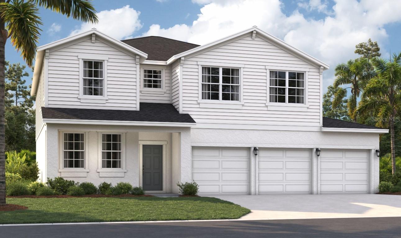 One or more photo(s) has been virtually staged. Under Construction. Discover the perfect home at Groves at Grand Island, where you'll experience the convenience of a spacious three-car garage, expansive grounds, and accessibility with its incredible location. Nestled between Lake Yale and Lake Eustis and situated just off Routes 44 and 452, you'll enjoy convenient access to downtown Eustis, Mount Dora, and Orlando. Running errands or stocking up on groceries is a breeze with Publix Super Market just 7 minutes away. You'll also have access to local restaurants and shops in downtown Eustis and Mount Dora, just minutes away. If you're a fan of an active lifestyle and love the outdoors, you'll love finding numerous parks, lakes, golf courses, and nature preserves nearby. Experience a world of convenience and adventure while living in a peaceful rural setting near all the beautiful orange groves.
At nearly 3,000 square feet, The Chester, a two-story single-family home, has a spacious and inviting layout for all buyers. The front entrance and three-car garage flow directly into the open kitchen, where guests can gather to prepare meals and relax together. Windows along the exterior wall lead to the outdoor lanai and provide spectacular morning and evening light throughout the main living area. Tucked away at the front of the home are spaces for working and relaxing, both upstairs and downstairs. A first-floor office and a loft area above provide the extra space that everyone needs. The second floor has a separate hallway with three bedrooms and a shared guest bathroom with a double vanity to help make mornings more efficient and the laundry room is located around the corner for added convenience. A large master suite offers everything needed for privacy and comfort, including a double vanity and two walk-in closets.