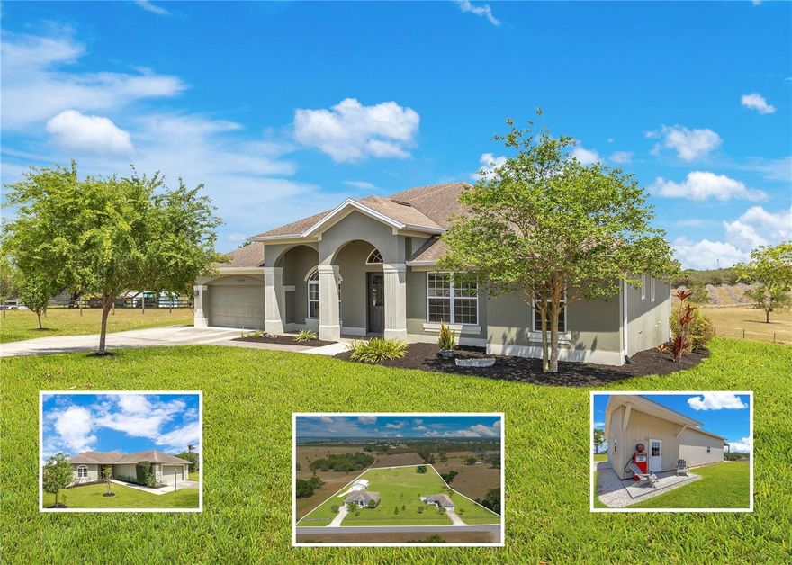 One or more photo(s) has been virtually staged. Rare 5-Acre Estate in Sought-After Winter Garden! Discover a truly unique opportunity to own a beautifully maintained 5-acre estate featuring two residences, a custom 1,800 sq. ft. detached garage, and endless lifestyle and investment potential. 
The main residence (2,666 sq. ft.) was thoughtfully crafted by a seasoned builder and showcases 4 bedrooms, 3 bathrooms, a private office, and a 3-car tandem garage. Inside, you’ll find rich American Hickory hardwood floors, a spacious kitchen with gas range, custom cabinetry, beverage bar, and a screened lanai designed for both relaxation and entertaining.
The second home (1,047 sq. ft.) offers 2 bedrooms, 2 bathrooms, and an office with private entrance—perfect for multi-generational living, a guest house, or rental income.
For the hobbyist, entrepreneur, or collector, the 1,800 sq. ft. detached garage (built in 2019) is fully insulated and features two oversized bays, ideal for a workshop, equipment, or storage. A bathroom is in place (toilet not connected), and contents may be purchased separately.
The fully fenced grounds are a private oasis, enhanced by mature landscaping and fruit-bearing avocado, peach, pomegranate, and olive trees. With ample space for gardening, recreation, or even a future pool, this estate balances peaceful country-style living with modern convenience. All this, just minutes from historic Downtown Winter Garden, top-rated schools, shopping, dining, and major highways.
Whether you’re seeking a private residence, multi-family living, or an investment property, this estate offers it all. Don’t miss this one-of-a-kind opportunity in one of Central Florida’s most desirable locations!