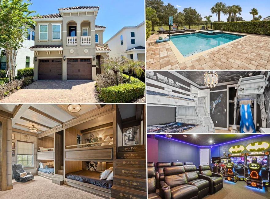 Welcome to this stunning, newly renovated, TURN-KEY Themed Vacation Home situated within the gated community of Reunion Resort. Over 40K in future bookings already reserved through the end of 2026.  This exquisite property boasts a private pool and spa, as well as an array of incredible features and themes that will transport you to a world of adventure and imagination. As you enter the home, you are greeted by an open and bright living room area with a Pirates of the Caribbean theme throughout the first floor. The living room is complete with an HD TV and overlooks the fully equipped kitchen, featuring solid stone countertops and stainless-steel appliances. The dining area with seating for 8 completes the open concept layout. On the main floor, you will also find the large master bedroom with a king-size bed, en-suite bathroom with double sinks, a soaking tub, and a walk-in shower. Prior to making your way up the stairs, there is a fully converted state-of-the-art movie & arcade bonus room. This impressive space includes 8 theater-style chairs, a 120-inch projection TV, 2 Batman driving gaming consoles, a Terminator shooting game, and an Xbox gaming area. Upstairs, you will find the pub loft area, complete with a pool table, an oversized bar area, a large TV with neon lights, and another full-size gaming console for playing Golden Tee Golf and other classic games before hitting the course. The second floor features two professionally themed kid sanctuaries. The first is a Harry Potter World of Wizardry room with two full-sized bunk beds and a hidden slide that leads to the second theme bedroom. The second bedroom is a Star Wars inspired room with amazingly realistic armored transport décor and a bunk bed. Additionally, there are two more king suites, one of which has a walk-out balcony overlooking the stunning views of the golf course. Enjoy the resort lifestyle within the gated community of Reunion Resort, just minutes away from Walt Disney Parks, other major Orlando attractions, and some of the best beaches in the world. The resort itself offers 12 community pools, 3 signature golf courses (Palmer, Watson, Nicklaus), a multimillion dollar water park, several onsite restaurants, 2 golf pro shops, six hydro-grid clay tennis courts, a full-service spa, and a brand new miniature golf course. Financials are available upon request to anyone looking to make this an investment property. There are many options for rental management companies that we can provide more information on.