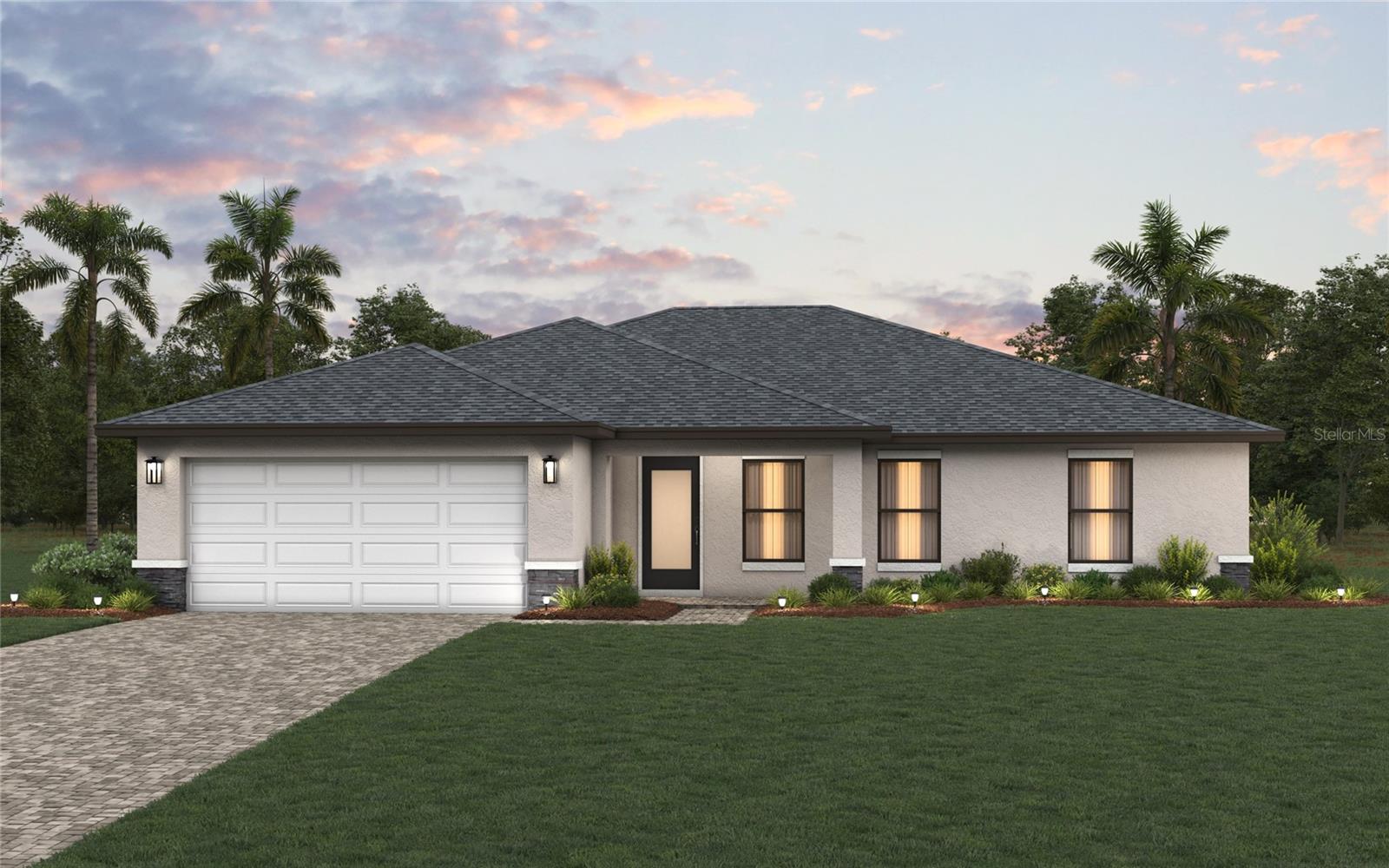 Under Construction. NEW CONSTRUCTION WITH WARRANTY! ** Ready for December ** The Hibiscus open-concept design blends the living room, kitchen, and dining area, the ideal space for gathering and entertaining. The living room features a tray ceiling and a wall of glass sliders that open to the large covered lanai, where you’ll create the perfect outdoor oasis. The kitchen has a freestanding island and generous cabinet and counter space, including a pantry. The primary suite caters to life’s little luxuries – a tray ceiling in the bedroom, two large closets, and a private bathroom with a dual sink vanity and tiled shower. On the other side of the home for maximum privacy, two guest bedrooms share the second full bath.  The home features a glass light front door, tile throughout the main living areas & wet areas, hurricane-impact doors & windows, granite counters in the kitchen & baths, stainless steel appliances, paver driveway, & so much more! Photos are of completed property, colors and finishes may vary.