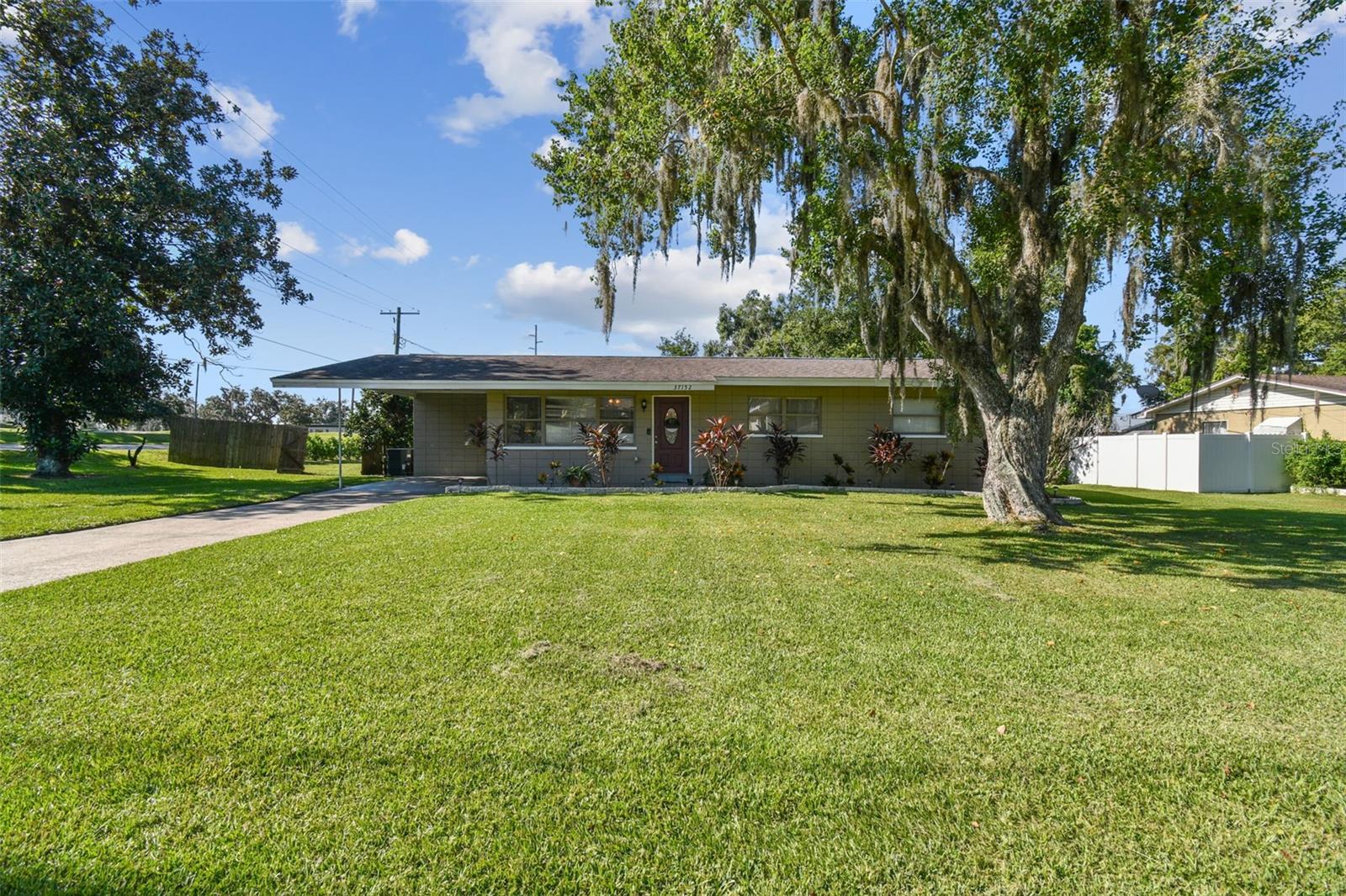 MID-CENTURY MODERN GEM WITH CONTEMPORARY COMFORTS! This MID-CENTURY MODERN has curb appeal and character to its core! From the extra large 0.37 AC CORNER LOT to the HORIZONTAL STACK masonry pattern that it was originally constructed with, this home is pretty special. The interior of this ranch home was recently remodeled in 2020, so it has a beautiful blend of historic charm and contemporary comforts. With 4 BEDROOMS and 2 FULL BATHROOMS, you will have room to grow here and plenty of space inside and out to host or entertain. The kitchen has been nicely updated with GRANITE counters, stainless steel appliances, and a neutral, multi-shaded subway TILE BACKSPLASH. The primary suite is set apart from the other bedrooms and it includes a WALK-IN CLOSET and a full bathroom with a classic aesthetic, including a pedestal sink. All of the guest bedrooms are clustered in the same wing of the home. The dedicated guest bathroom has been updated with newer fixtures and tile surrounding the SHOWER/TUB combo, but the built-in shelves and the WAINSCOTING deliver the nostalgia. The den/family room is ample space for gathering to read, watch a movie, or play video games in the day-to-day, but the crown jewel of the home is the 15x32 living room that proudly hosts a grand and elegant FIREPLACE with a stunning SOLID WOOD MANTEL that is perfect for decorating during the holiday season. This spot will surely become the built-in photo booth when hosting or entertaining. The huge living room leads out to the SCREEN ENCLOSED PATIO that overlooks the backyard. The yard is lined with shrubs that create a NATURAL FENCE for some privacy. There is a storage shed in the backyard to house your mower and gardening equipment. There are some lovely flower beds that trim the front of the home and part of the backyard, as well. This remarkable home is conveniently located in the heart of Dade City just walking distance to some of Dade City’s best parks, schools, and historic Church Avenue which is where Dade City’s premier holiday event Church Street Christmas takes place each year. If you want a WALKABLE, small town lifestyle this home is a passageway to all that you dream of and it can be yours. Call to schedule your personal tour today!