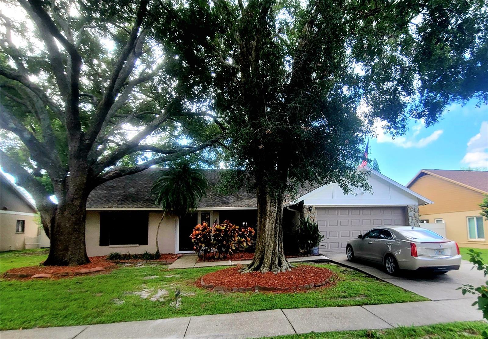 LOCATION LOCATION!! This well loved 4/2 pool home with a fire place is here to welcome its new family with a split floor plan and open concept living. Entering the home into a foyer area, to the right you have a large eat-in kitchen with maple cabinets, granite countertops and stainless steel appliances, large pantry and additional storage closet for small appliances to stay neatly organized. The kitchen looks out into the great room and has a large extended counter for seating. Continuing straight from the foyer leads you into the great room with vaulted ceilings, a wood burning fire place and sliding doors leading out to your private pool. To the right of the great room is the master bedroom suite, a large bathroom with double sinks and makeup vanity, tub/shower combination, large walk in closet and separate shoe closet with organizer and purse/ luggage storage. To the left of the great room are three additional bedrooms and a full bathroom. Stepping outside into your own FL paradise you will find a beautiful pool, huge commercial grade tiki hut with bbq area, and your own mini orchard of fruit trees! This home has bonus features such as light dimmers throughout the home, indoor laundry room with storage racks and hanging space, plus a security system to ensure you sleep safe and sound. Your new home is in a prime location of great schools, hospitals, shopping, restaurants, Veterans Expressway, I-275, Downtown, Airports, Guld Beaches and so much more! Find your forever home here and make an offer today.