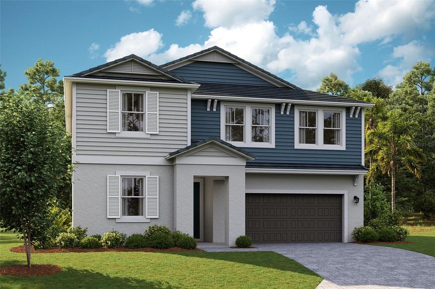 Under Construction. Welcome to The Amelia, a spacious two-story home designed for comfort, style, and flexible living spaces. With 5 bedrooms, 3 full bathrooms, and a 2-car garage, this thoughtfully designed home has everything you need. Step into the inviting foyer, which leads you to an open and functional main living area. The gourmet kitchen, featuring sleek quartz countertops, stainless-steel appliances, 42” upper cabinets and luxury vinyl plank flooring opens to the lanai through sliding glass doors—perfect for indoor-outdoor entertaining. This home features a smart thermostat with voice control, allowing you to easily adjust the temperature for personalized comfort and energy efficiency, all with a simple command. The first floor also offers a convenient bedroom and full bathroom, ideal for a guest suite or home office. Upstairs, the expansive owner’s suite provides a private retreat with a walk-in shower featuring floor to ceiling tile, a freestanding tub, and a double vanity. Three additional bedrooms, a well-appointed laundry room and a large recreation space complete the second floor, making this home as versatile as it is beautiful. It doesn’t stop there though; this stunning home showcases a stylish elevation enhanced by professionally designed landscaping that adds natural beauty to the home’s inviting appearance.  
Find the perfect balance of serene landscapes and modern amenities at Mirada. Homeowners at Mirada enjoy the beach lifestyle in Pasco County with a 15-acre man-made lagoon for swimming, kayaking, paddle boarding, and relaxing. Golf cart paths and spacious sidewalks invite residents to explore opportunities for outdoor recreation, including parks, playgrounds, and nature trails. Stay close to what’s important at Mirada, ideally located 30 minutes from Downtown Tampa and just minutes from Publix. From high-speed action—including super-fast ULTRAFi Wifi--to leisurely strolling or floating, at Mirada you can live life to the fullest. 
Images shown are for illustrative purposes only and may differ from actual home. Completion date subject to change.