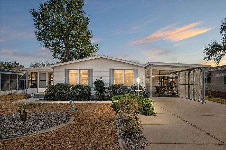 $3,000 BUYERS CLOSING CREDIT!! NO BOND OR CDD! This well-maintained 2 Bedroom, 2 Bathroom home with a golf cart garage is located in the desirable Village of Orange Blossom Gardens in The Villages, Florida. The home features a spacious kitchen with ample cabinetry and a separate dining area, ideal for everyday living and entertaining.

The open living room flows seamlessly into the enclosed lanai, filled with windows that provide abundant natural light and additional living space. The primary bedroom suite is generously sized and includes a large walk-in closet and en suite bathroom. A comfortable guest bedroom with built-in closet is conveniently located near the guest bathroom, making it perfect for visitors.

Additional highlights include a screened carport that can be used for outdoor living, storage, or hobbies, a dedicated laundry room with workshop space, built-in tools, and ample shelving. The home has been recently painted and is move-in ready.

Major updates include Roof (2015), HVAC (2011), and Hot Water Heater (2023). Enjoy close proximity to the community pool and championship golf courses, all just steps away. Plus, this home is only a 5-minute golf cart ride to Spanish Springs Town Center, offering shopping, dining, nightly entertainment, and recreation.