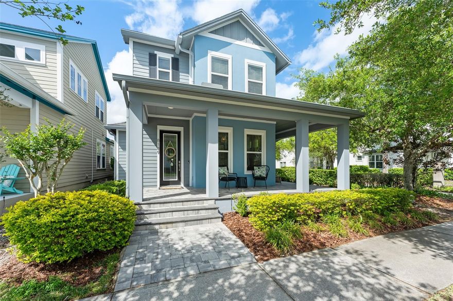 Welcome home to this beautifully upgraded David Weekley Home, perfectly positioned on a premium corner lot overlooking a quiet, landscaped park. This thoughtfully designed home offers 3 bedrooms, 2.5 bathrooms, a dedicated office, and a spacious detached 2-car garage. From the moment you step inside, you’re greeted by an abundance of natural light streaming through numerous windows, highlighting the rich engineered wood flooring that contrasts elegantly with the light, airy interior palette. The updated kitchen is both stylish and functional, featuring 42” hardwood cabinetry, quartz countertops, a tile backsplash, and stainless steel appliances. Just off the kitchen, a built-in coffee bar provides additional storage and convenience. The open-concept main floor is ideal for everyday living and effortless entertaining. Upstairs, the primary suite offers a walk-in closet and a well-appointed bathroom complete with dual vanities, a soaking tub, and a separate shower. Two additional bedrooms share a full bathroom, providing comfortable accommodations for family or guests.Step outside to enjoy the covered patio—perfect for relaxing or unwinding—along with a beautifully paved backyard area ideal for gatherings. The yard offers ample space for fencing, and a large green space is just steps away. HOA dues include basic cable with HBO, high-speed internet, a resort-style aquatic center with Olympic lap lanes, sand volleyball courts, cabanas, and a future fitness center and restaurant. Zoned for highly rated schools and conveniently located just a short drive to the airport, this home offers the perfect blend of comfort, convenience, and community living.