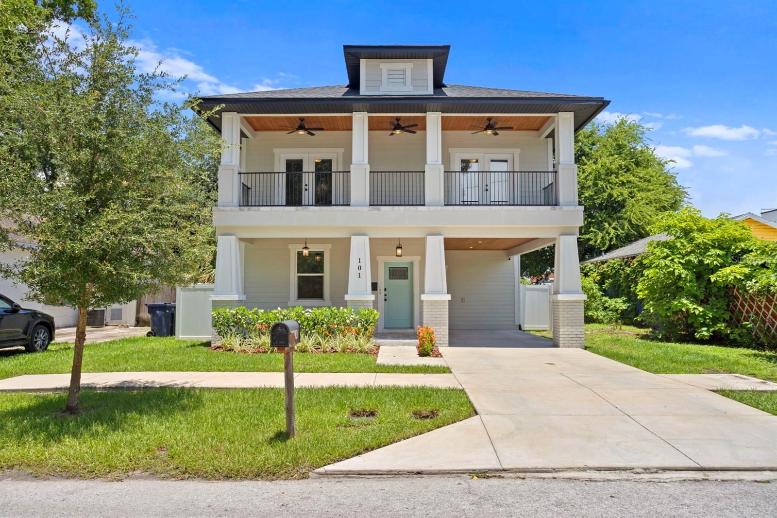 Available for move in 8/1! Unfurnished. This newer construction, two-story, 4 BR and 3.5 BA home is situated in the heart of Seminole Heights. 2 primary suites, one on the first floor and one. The first floor has an open floor plan with living room and dining room leading to the beautiful kitchen. The kitchen features white shaker cabinets with natural wood accents, quartz counters, breakfast bar and wine fridge. French doors lead to a private turf backyard with a paver patio and vinyl fencing. A bedroom on the first floor has an en-suite bath and double closet, and could be used as a main floor primary bedroom. A half bathroom and laundry room are also located on the first floor. Upstairs the main primary suite has a large walk-in closet and bathroom with double vanity and freestanding tub. French doors open to a second floor balcony. Two additional bedrooms, a full bathroom with double vanity complete the upper level. Convenient proximity to the many vibrant restaurants, bars, coffee shops and shops in Seminole Heights. Only 2 miles from Armature Works & the Riverwalk, Downtown and convenient access to major roadways as well as hospitals and Tampa International Airport.