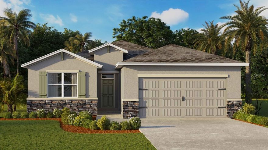 Under Construction. The Avon is a 3 bedroom, 2 bathroom home offering 1,641 square feet of comfortable living space. Built with durable concrete block construction, the Avon also includes a two-car garage and a covered lanai for relaxing outdoor living. The spacious, open-concept design allows the kitchen to overlook the dining and great room, with views to the covered lanai. Ample windows and sliding glass doors bring in natural light. The well-appointed kitchen features quartz countertops, stainless-steel appliances, an oversized undermount sink, and an island with bar seating. The Owner's Suite, located for privacy at the back of the home, includes a luxurious ensuite bathroom with double undermount sinks, quartz countertops, and a large walk-in closet. Two additional guest bedrooms and a full bath are located at the front of the home. Pictures, photographs, colors, features, and sizes are for illustration purposes only and will vary from the homes as built. Home and community information including pricing, included features, terms, availability and amenities are subject to change and prior sale at any time without notice or obligation. CRC057592.