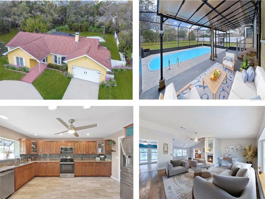 This exceptional home is situated on almost ½ acre fenced-in lot! Featuring 4 Bedrooms plus an office, 2 baths and a screened-in heated pool. Circular driveway and etched glass front door welcome you into a wide-open floor plan with vaulted ceilings and lots of windows. The living room offers a beautiful bay window and a cozy fireplace, open to a light and bright dining room. Large, updated kitchen with wood cabinetry, newer stainless-steel appliances, granite countertops, coffee bar and a garden window. The home flows effortlessly from room to room making it ideal for both everyday living and entertaining. Expansive primary suite with 2 large closets, beautiful new bath with a huge walk-in shower and a jetted tub. Additional 3 good size bedrooms plus a great in-home office with built-in shelving and double glass doors leading to the lanai and pool. Beautifully updated 2nd bath, nice size laundry room. 2 Car garage plus a spacious storage room. New A/C. Roof replaced in 2017. Newer flooring (No Carpet) The huge fenced-in backyard provides privacy and has plenty of space for pets or outdoor entertaining, with a grilling area. Beautiful, heated pool, newly re-screened and new pool heater installed. No HOA, No deed restriction, bring your Boat or RV! The beautiful Veterans Memorial waterfront Park is just down the street. Walking distance to downtown Oldsmar. Conveniently located near shopping, fine dining, theatres and golfing. 10-15 Minutes to Philippe Park and Safety Harbor Spa, 15-20 minutes to downtown Dunedin, Honeymoon Island and Pinellas Trails. 20-25 Minutes to Clearwater Beach, Tampa and St Pete airports.