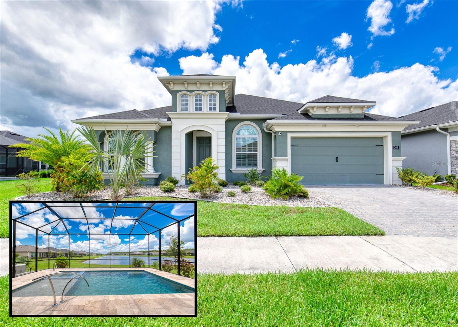 Welcome to this beautifully appointed 4-bedroom plus office, 3-bathroom, 3-car garage pool home with endless upgrades! Located in the highly sought-after Mosaic community of Daytona Beach. Built in 2022, this modern home offers the perfect blend of space, style, and functionality—with a scenic pond view, whole-house Generac generator, and a layout that's ideal for both everyday living and entertaining.Step inside to 12-foot ceilings, abundant natural light, and a thoughtful open floor plan. The heart of the home is the gourmet kitchen, featuring quartz countertops, a designer backsplash, GE Profile stainless steel appliances, a walk-in pantry, drawer-style microwave, upgraded vent hood, and a large island perfect for gathering.
The spacious living room connects effortlessly to the outdoors through 4-panel nesting sliders that open to a covered lanai, complete with a saltwater pool and spa (heated by propane or electric), sunshelf, and pond views. The lanai is equipped with a gas hookup for grilling, outdoor lighting, and screened for comfort year-round.All bathrooms feature walk-in showers, and every roomincluding the study, great room, bedrooms, and lanaihas a ceiling fan installed for year-round comfort. Plantation shutters are installed throughout the home, with remote-controlled sheer shades on the sliders.Additional highlights include the whole-house Generac generator tied to a buried 250-gallon propane tank(owned by seller), Ring security system, irrigation system, gutters, and an upgraded 3-car garage with epoxy floors, climate control via mini-split unit, smart storage, extra 220 hook up, and an extended 36-foot third bay perfect for a small boat, workshop, or extra vehicle.As a Mosaic resident, you'll enjoy access to a vibrant community with top-tier amenities like a clubhouse, fitness center, family and lap pools, playground, and walking trailsall just minutes from local shops, restaurants, the Speedway, and the world-famous Daytona Beach.This home truly checks every boxcome see it in person to appreciate all the upgrades and attention to detail.