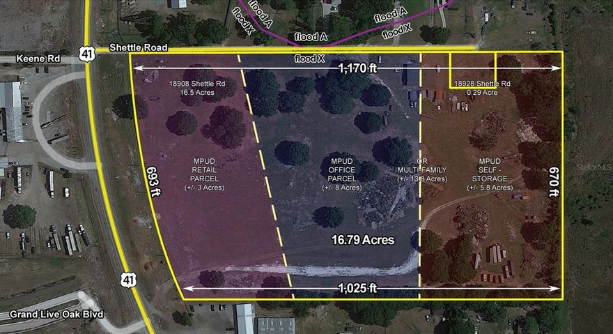 This flat, two-parcel development site is high and dry, on the east side of US Hwy 41 just south of SR 52, in the center of Central Pasco rapid development. Access to all of the site via Shettle Public road ROW delivers full use of the site for a variety of Retail possibilities fronting US Hwy 41, Medical Office or Multi-Family and/or Self-Storage.  Former (expired) Birren MPUD shows retail portion at +/-3 Acres, Medical office at +/- 8 Acres and self-storage at approx. 5.79 Acres, all accessible from Shettle Rd, a public right of way access.  

2020 Demographics include a population of over 22,000 with an average income of more than $87,000 within a 5-mile radius. This is poised to increase in the next decade as Lennar acquired 5,100 acres directly west of the subject parcel for future Angeline residential development to allow up to 11,495 homes, 29 million SF of commercial and office uses. Moffitt Cancer Center and Research Institute acquired 775 acres from Lennar for a 1.4 million SF $191 million dollar research facility which will create 14,500 jobs. Within the “Wellness” community of Angeline, a $52.7M, 186,882 SqFt 6-12 grade magnet school on 18.8-acres is slated for completion April 2023. Since Pasco Hernando State College hold 29 Acres on the NWC of SR 52 and US-41, we’re sure to see a partnership with the Angeline STEAM program for a continuing education vo-tech school.