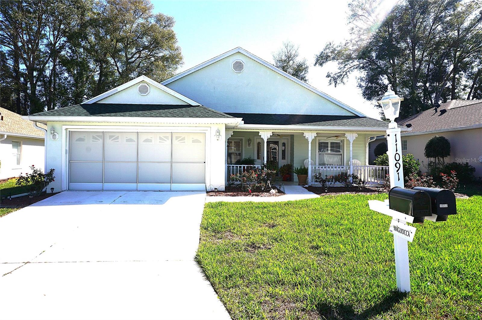 LOCATED IN 55 PLUS COMMUNITY, Huge FRONT PORCH that just beckons you to enjoy the Florida weather. OPEN SPLIT FLOOR PLAN. NO CARPET! Laminate floors throughout except for kitchen and baths. PLANTATION SHUTTERS throughout except for living room. The kitchen boasts Corian counters, pull out drawers, breakfast area, pantry and Stainless Steel Appliances. In front of the kitchen is a large dining area that has more than enough space for your special dining set and hutch. In front of the dining room is the living room that will accommodate your big comfy furniture and that 85" TV. Off of the living room is the Office that has French doors and is a good size for any work at home person. On the other side of the living room is the King Size Master Bedroom that has an on suite bath that boasts a walk in shower, dual vanities and a separate additional vanity area. There is a walk in closet as well. Off of the master bedroom are sliders to the Florida Room with plantation shutters and is a great place to use as a sitting room, craft room or just a place to relax. The guest room and guest bath are on the other side of the house and provide ample privacy for your guests. There is a screened 2 car garage with extra shelving and an XTRA Fridge. This is a semi maintained lot that includes water for the lawn, mulching, and lawn care. ROOF 2023 - AC 2017. Located in one of the nicest neighbors and one of the prettiest streets in this 55 plus community this is really a gem. Community offers 6 pools, 5 hot tubs, Restaurant, Golf Course, 2 fitness centers, Dog Park, library, billiards, card room, 2 auditoriums, BINGO and so much more. Oak Run Country Club is close to shopping, medical facilities and many restaurants. So come on over to Ocala, FL and enjoy the good life! Oh forgot to tell you, NO SNOW SHOVEL needed! Can be rented furnished or unfurnished. Also for sale on MLS listing OM695440.