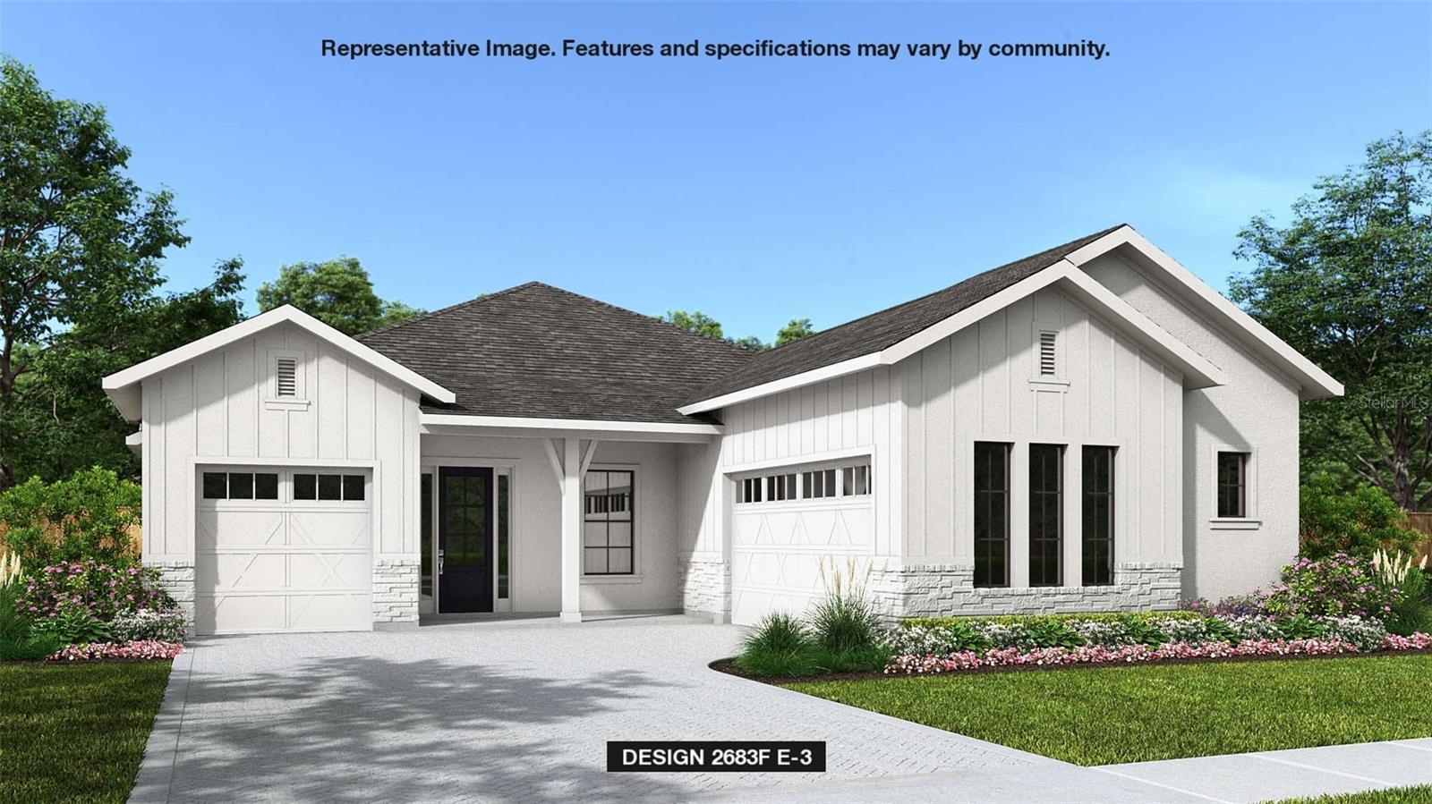 Under Construction. Front porch opens into an extended entryway with tray ceilings. French doors enclose the home office off the main hallway. Entering the kitchen, you are greeted by an island with built-in seating, 5-burner gas cooktop, a walk-in pantry, and access to the laundry room. The dining area connects to the family room which features a sliding glass door and access to the covered lanai. A bonus flex room is off the main living space. The primary bedroom is features a wall of windows. French doors lead into the primary bathroom which boasts dual vanities, freestanding tub, glass enclosed shower, and two walk-in closets. The secondary bedrooms each feature a walk-in closet and share a Hollywood bathroom. The mechanical room is located off the hallway that features the drop zone. Completing the space is a private guest suite off of the family room that features a full bathroom and walk-in closet. Three-car split garage.