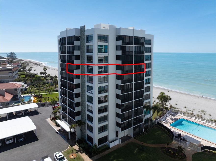 Under contract-accepting backup offers. FULLY UPDATED.  HURRICANE RATED WINDOWS/DOORS.  TURNKEY FURNISHED.  MOVE-IN READY.  WASHER/DRYER IN UNIT.  BEACHFRONT LIVING.  Welcome to Valencia on the Gulf, an award-winning beachfront community on Venice Island.  This light and bright CORNER RESIDENCE offers 1,284 square feet of refined coastal living, featuring 2 bedrooms, 2 bathrooms, and 2 private screened lanais - one off the dining room and another off the primary suite.  You’ll enjoy the beautiful Florida sunsets and tranquil partial Gulf views from the living room, bedrooms, and lanai off the primary suite, and the peace of mind that comes from the newer condo’s windows and doors (2018) that meet current hurricane standards.
The kitchen features updated cabinetry, granite countertops, a custom tile backsplash, under-cabinet lighting, stainless steel appliances, and breakfast bar.  The primary suite is a spacious retreat with a large walk-in closet and an ensuite bathroom featuring a walk-in shower and an in-unit stackable washer/dryer for the convenience of private laundry.  Both bathrooms feature updated showers and cabinetry with granite counters.  The roomy second bedroom has plenty of space for your guests.  Easy-maintenance Luxury Vinyl Plank flooring flows through the living area and bedrooms, complemented by ceramic tile in the kitchen, dining area, and baths.  Additional peace of mind comes from the newer A/C (2021) and Water Heater (2019).
Valencia on the Gulf is impeccably maintained with a strong balance sheet and onsite management and maintenance.  Recent major capital improvements include NEW ROOFS (2023), EXTERIOR PAINTING (2024), and NEW CARPORTS (2025).  This is a very social and AMENITY RICH community, featuring a party room with a full kitchen in your building, newly renovated FITNESS ROOM and library/card room located on the ground floor of the North Building, gas BBQ grills, shuffleboard court, one assigned/covered parking space, bike storage, and a storage closet for beach essentials on the ground floor.  The community ensures security with cameras and key fob access to the elevators and all amenities.
Living at Valencia on the Gulf also means you will have 376’ of PRIVATE BEACH as your backyard and a large, heated BEACHFRONT POOL for year-round enjoyment.  Located within walking distance of historic downtown Venice’s boutique shops and dining, this is the turnkey Florida lifestyle you’ve been waiting for.  Call today for your private tour!