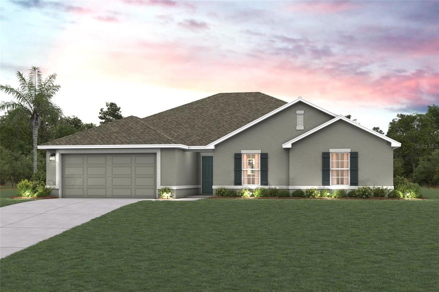 Under Construction. Discover Your Dream Home in the Marion Oaks Community! The Ocala Plan features an airy open layout with a seamless transition between the Living Room, a well-equipped Kitchen, and a separate Dining Area, ideal for entertaining. The kitchen stands out with its beautiful cabinetry, granite countertops, and  stainless steel appliances, including a range with a microwave hood and dishwasher.
The serene primary suite includes a private bath with dual vanity sinks and a generous walk-in closet. Additional highlights include a convenient two-car garage, energy-efficient Low-E insulated dual-pane vinyl windows, and a one-year limited home warranty.