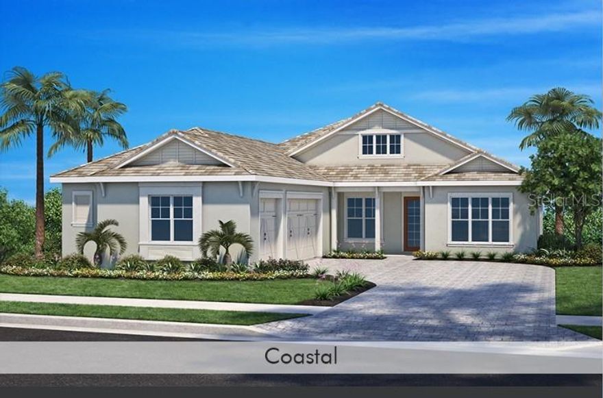 Under Construction. The Islander I offers 2,675 square feet with 3 bedrooms, 3 bathrooms, a study and a 3-car garage. Coastal elevation is featured along with tray ceilings in the great room and owner's suite. The home includes upgraded kitchen cabinets, a gourmet kitchen with GE Monogram appliances, upgraded quartz countertops in the kitchen and bathrooms, and an upgraded kitchen sink. Above and below kitchen cabinet LED lighting is installed along with an upgraded tile package throughout the home. A frameless glass shower enclosure with a pivot door is included in bathroom 3, and upgraded bathroom cabinets are provided. The home features upgraded Moen plumbing fixtures, upgraded electrical and lighting packages, and additional lighting throughout. The great room opens to a large lanai and includes a half wall with rough-in for a future summer kitchen. Impact-rated windows and sliding glass doors are included. The home is located within Shellstone at Waterside with access to The Summit at Shellstone Amenity Center offering a social hall, fitness center, pool and spa, firepit, poolside cabanas, poolside BBQ grills, and a fitness lawn. Nearby Midway Park Shared Amenity offers a pro shop, screened pavilion, play areas, dog parks, basketball court, 8 pickleball courts, 6 tennis courts, kayak launch, outdoor fitness, shaded picnic areas, and community walking and biking trails. The community is convenient to Downtown Waterside Place, Gulf Coast beaches, dining and shopping, hospitals, the Sarasota School System, Sarasota International Airport, and Tampa International Airport.