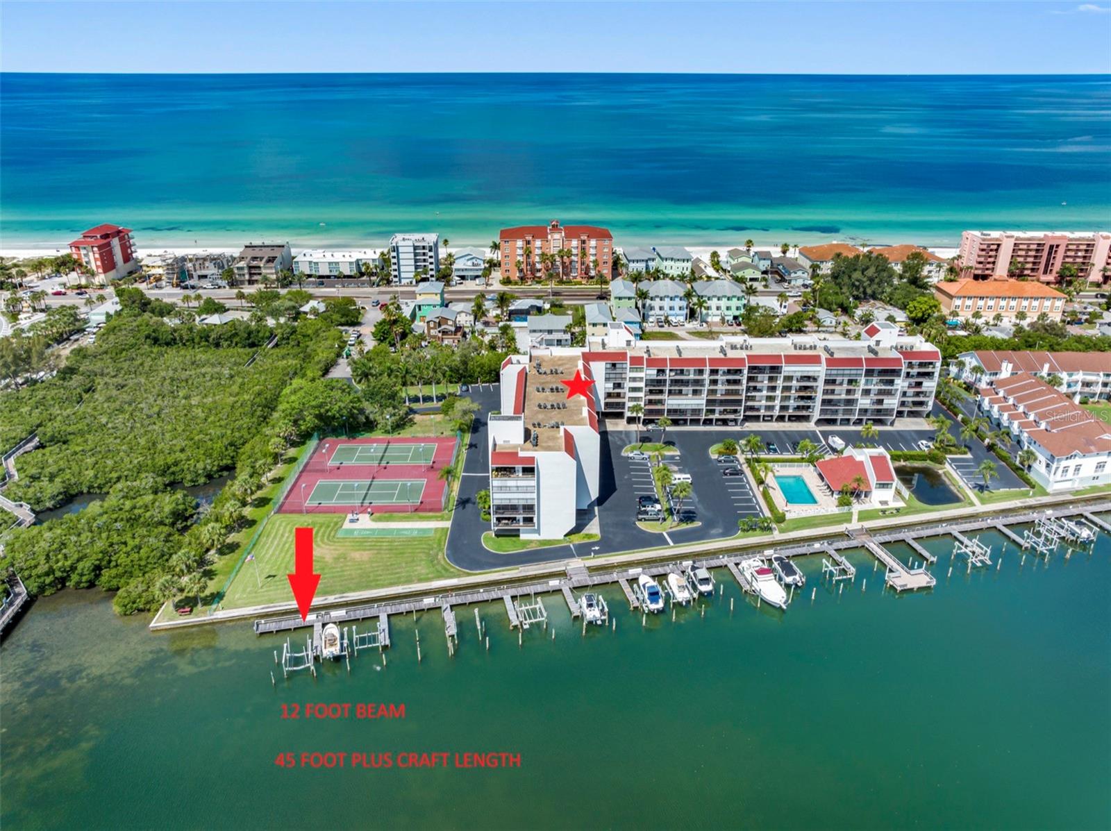 Penthouse in Vista Bay Condos of Indian Shores with incredible water views as far as the eye can see. Water views are from almost every room of the Intracoastal waterway, and there are partial Gulf views from the walkway. Dock/lift available for a large vessel if needed and with owner approval. Open floor plan with neutral colors and upscale decor. 2 Bedroom/2 Bath, 1,360 Sq. Ft. turn-key/fully furnished. A boater's and fisherman’s dream location. LR/DR combo with high end furnishings. The LR sliders will lead you out to the large 30' balcony. The Kitchen is large and has beautiful cherry wood cabinets and all stainless appliances and a dining area with a nice water view. Just off the kitchen is the laundry closet with a full size washer and dryer. The Master bedroom has a king-size bed, a flat screen TV, a very large walk-in closet and the Master BR also allows access to the 30' balcony area. How beautiful it will be to relax in the morning or in the evening with this water view from your bedside. The Guest BR has a full set of twin beds, TV and lovely furnishings. The Master Bath offers a large walk-in shower, dual sinks and a privacy restroom. The Guest Bath is a nice size and has a tub/shower combo. There is also a storage area available to you on the 6th floor. This active community offers a large, heated pool with a covered picnic area, a deck lounge area with lots of lounge chairs, tennis courts, shuffleboard, pickleball, a nice fishing dock and the grilling area is near the waterside. There is also an outdoor shower and restrooms. Condo does have an under building parking space and a tandem parking space as well. The pristine, sandy beach is just across the street, the beach trolley stops are close by too if you want to venture north to Clearwater Beach or south to the St. Pete Beaches. Lots of local parks, bike and walking paths nearby and close to some of the areas, nicest restaurants and shops. You simply would never want to leave this condo in paradise! SHORT TERM 3 Mth. Minimum.