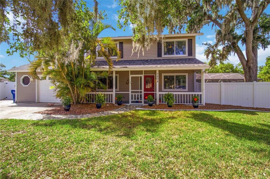 Florida living at its best! This beautifully updated 3-bedroom, 2.5-bath home offers the perfect mix of comfort, function, and outdoor lifestyle. Inside, you’ll find a versatile den, a fully upgraded kitchen with quartz countertops and soft-close cabinets, and a spacious 13x15 laundry room featuring custom cabinetry and durable industrial locking tile flooring. Both bathrooms have been refreshed with two brand-new showers, adding a modern touch. Major updates include a new roof (2025), hurricane-impact windows (2019), a wireless security system, and a new overhead garage door opener, plus a convenient Hoover garage utility vacuum. Step outside and enjoy your own private retreat. The backyard features a 470-square-foot screened-in outdoor living space complete with a cozy fireplace and bar, perfect for entertaining year-round. Relax in the pool with a sun shelf and heated spa, all enclosed by a 6-foot vinyl privacy fence. There’s also a shed with hurricane straps for extra storage. Bring all your toys—this property includes parking for a 40-foot boat or RV with full RV hookups, and best of all, there’s no HOA. A charming 5x29 screened-in front porch adds even more space to unwind and enjoy the Florida breeze.