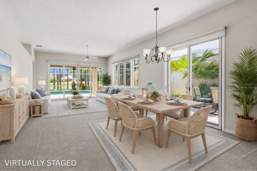 One or more photo(s) has been virtually staged. ALERT! NEW & IMPROVED PRICE & FEATURES~ New Painted Interior & Brand New Neutral Carpet Installed March 5th, 2026! Move Right In! Ready For You...Welcome to Rosedale Golf & Country Club! This maintenance free home has been lovingly cared for and offers the perfect blend of elegance, comfort, and resort-style living. Situated on the Rosedale's pristine championship golf course, this residence captures breathtaking views and an unmatched lifestyle. This 1,914 sq. ft. residence features 2 spacious bedrooms with en suite baths, plus a separate study/den for work or relaxation. The kitchen with eat-in space flows seamlessly into the open living areas, making it ideal for everyday living and entertaining. Step outside to your private heated saltwater pool, the perfect place to unwind while enjoying sweeping golf course vistas and magnificent sunsets, or opt to relax on your private side courtyard patio. Other “Special Features & Improvements” worth mentioning are 2024 freshly painted garage floor, 2024 new pool heater, pump & equipment, 2021 new hot water heater, 2018 new roof, beautiful etched front door, abundance of wood cabinetry and tile backsplash, breakfast bar, designer lighting & fans, and so much more! From the meticulous finishes to the low-maintenance lifestyle, every detail has been carefully curated. Rosedale Golf & Country Club is a premier gated community offering golf, tennis, fitness, dining, and vibrant social activities—everything you need to embrace the Florida lifestyle to the fullest. Don’t miss your chance to call this exceptional property home. Schedule your private showing today! This one will not last...No Mandatory Memberships & No CDD Fees Here!