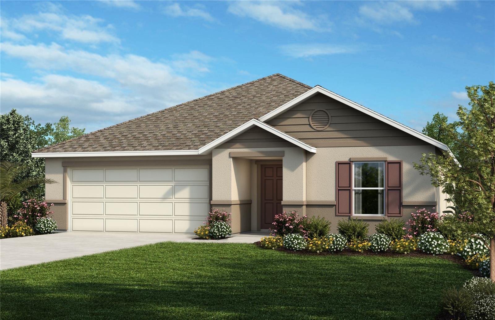 This beautiful, single-story home showcases an open floor plan with tile flooring and volume ceilings. The well-equipped kitchen boasts a large island, 36-in. upper cabinets, granite countertops, a Kohler® stainless steel double-basin sink, a Moen® chrome faucet and Whirlpool® stainless steel appliances. Enjoy the convenience of a dedicated laundry room. The private primary suite features a generous walk-in closet and connecting bath that offers a dual-sink vanity and walk-in shower. The covered back patio is perfect for outdoor entertaining and relaxation.