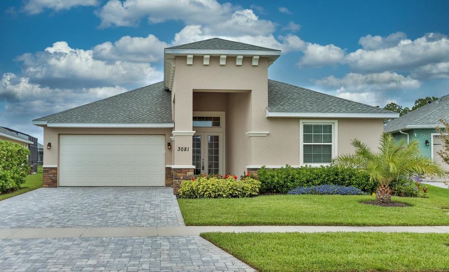 Elegant, Johnson Group Builders water front, move in ready home. No waiting for it to be built! Located in the Palms section of Venetian Bay Golf Community. Premium lot on a lake! Envision your dreams come true with the opportunity to own this fabulous, brand new, custom built home. Offering sweeping views of the lake & lush landscaping. Open living floor plan, two large sun tunnels, beautiful kitchen, white granite double sink, white marbled upgraded granite counter-tops throughout. Island has extra storage on the backside, tall cabinets with under cabinet lighting, 12ft ceilings in living area. Master suite & bedroom closets feature auto sensor lighting. Screened in Lanai so you can enjoy your view of the lake. Extra storage in garage is climate controlled. Bonus room can be used as bedroom. Championship golf course & clubhouse. Fitness center, parks, trails and restaurants within this golf-cart friendly community. ;Water: City