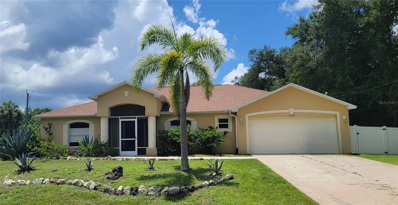 Large, very conveniently located 3 bedroom, 2 bath house with a 2 car garage. Only 1.2 miles to Publix, Walmart, Home Depot and all the new stores in North Port. Large kitchen with an island, an eating space, and open to the family room. Separate dining room and living room/office. Back yard has outdoor patio in addition to the screened lanai.