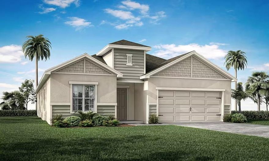Under Construction. New construction home with 2029 square feet one-story including 4 bedrooms, 2.5 baths, and an open living area. Enjoy an open kitchen with Quartz countertops, Samsung stainless steel appliances, pantry, and a spacious counter height island, fully open to the dining café and gathering room. The living area, laundry room, and baths include luxury wood vinyl plank flooring, with stain-resistant carpet in the bedrooms. Your owner's suite is complete with a walk-in wardrobe and a private en-suite bath with dual vanities, a tiled shower, and a closeted toilet. Jack-and-Jill Hall bath with an enclosed tub and toilet, accessed from bedrooms 3 and 4. Plus, enjoy a covered lanai, 2-car garage, custom-fit window blinds, architectural shingles, energy-efficient insulation and windows, and a full builder warranty. Please note, virtual tour/photos showcases the home layout; colors and design options in actual home for sale may differ. Furnishings and décor do not convey.