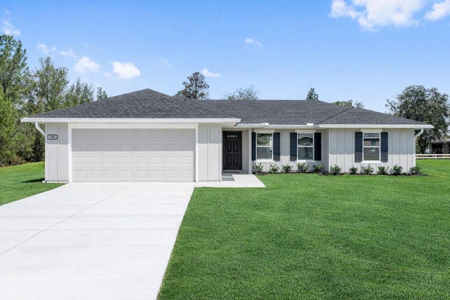 This split plan is open, light & bright.  As you walk through the front door of the home, you feel the openness with cathedral ceilings in the living room, dining room, and foyer. The kitchen features stylish cabinetry and quartz countertops and come complete with new range, microwave, and dishwasher. The charming nook is the perfect spot to enjoy your morning coffee. Tile floors throughout the house help with easy maintenance.  There is fully tiled walk-in shower and dual sinks in the en-suite bath.  Do laundry with ease in the air-conditioned laundry room.  This home rests on just over a 1/4 acre lot ~ enough room for the family & pets to play, but not too much yard work.Silver Springs Shores offers easy access to restaurants, shops, healthcare facilities, art galleries and local events, plus outdoor recreation opportunities like parks, lakes, biking, swimming, hiking, kayaking and much more. The Builder is including a 1 year full warranty and a 2-10 home warranty!   Any dimensions listed are approximate.  Photos/Virtual Tour are to show interior and exterior colors and finishes and may or may not be of this actual listing.  Garage orientation and floor plan may vary for actual home. BUILDER WILL PAY UP TO $5000.00 TOWARDS BUYERS CLOSING COSTS WITH FULL PRICE OFFER!