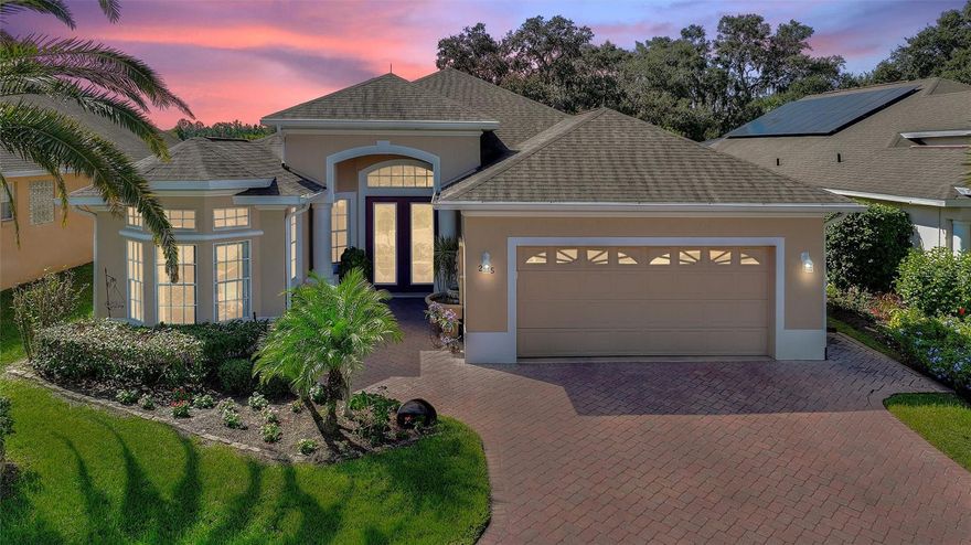One or more photo(s) has been virtually staged. Mostly Furnished Water-Front RidgeBrooke 3/2/Family Room/Den model with a 481 SF west-facing Florida Room Overlooking the Pond between High Vista and Del Webb 55+ communities, located 0.2 miles from High Vista's private clubhouse and amenity center. List Price is below 2024 independent appraisal which also cited an effective age of this property as 8 years. Expanded brick paver driveway and walkway to the 8 FT leaded-glass double front doors with adjacent water fountain adorned by cherubs. 12 FT ceiling in central Great Room with 2 skylights and full-view patio doors to Florida Room with skylight and 3 walls of sun-shaded windows. Widened galley kitchen has solid wood cabinets, stainless-steel appliances, custom tile backsplash, solid-surface breakfast bar and countertops with seamless sink and a closet pantry. Adjacent family room with tray ceiling and dining area has western water view. 8 FT double doors to primary en suite bedroom with dual closets, tray ceiling and updated full bathroom with shower, linen closet and separate steam room. Split bedroom design offers privacy to guests with a full bath and linen closet between 2 guest bedrooms. Bay window elevation in front Den. Custom crown molding in many rooms.  2024 Water Heater. 2014 Roof. 2020 & 2013 HVAC units, both serviced annually. 4-Point Inspection dated 9/24/25 is available for view upon request. ALL COMPLETE WRITTEN OFFERS WILL BE PRESENTED TO SELLER ON 11/5/2025. Sold As-Is. Ridgewood Lakes is a golf cart friendly community. $230 monthly High Vista HOA fee includes Spectrum internet and basic cable TV with 2 cable boxes, lawn mowing and exclusive access to resident-owned 12,000 SF private High Vista clubhouse and amenities. $425 semi-annual Ridgewood Lakes HOA fee provides 24x7 staffed security gate and master association-owned private road maintenance. Adjacent to 18-hole White Heron Golf Club with The Nest restaurant, privately owned and open to the public. High Vista is a 55+ community with outdoor heated pool and spa, fitness center, library, pub & many organized activities. Pickle ball, tennis, bocce and shuffleboard courts. Miles of biking and walking trails within Ridgewood Lakes gated community. Shopping, Disney, Universal, Orlando & Central FL entertainment nearby, easy access to I-4, medical facilities, airports & Sunrail Station. Advent Health hospital is 3 miles away.