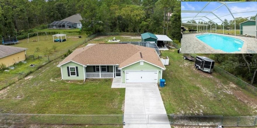 Charming & Clean 2021 POOL HOME on ½ Acre in Royal Highlands - Detached Workshop! Offering "10,000 IN SELLER CONCESSIONS TOWARDS CLOSING COSTS!" Free Americas Home Warranty included!  This beautifully maintained 3-bedroom, 2-bath home offers the perfect blend of comfort and functionality. Built in 2021 and situated on a spacious (Fully Fenced )½ acre , this property features a sparkling in-ground pool, a covered patio for outdoor entertaining, and a detached metal building on slab - ideal for a workshop, storage, or hobby space. Lovely recently cleared back yard, fire pit area and plenty of space to store your toys, boat, trailers etc! NO HOA NO DEED RESTRICTIONS! NO FLOOD ZONE! Step inside to an inviting open floor plan with Pergo wood flooring throughout. The bright and modern kitchen boasts white cabinetry, elegant grey and white granite countertops, and plenty of space for meal prep and entertaining. The master suite offers a private retreat with a tiled walk-in shower and en-suite bath, while the guest bedrooms are generously sized with spacious closets. Located just off a paved road, this home is close to shopping, dining, schools, medical facilities, and recreational activities - including saltwater fishing in the Gulf, freshwater springs, rivers, and the Hernando Sportsman's club! Whether you're relaxing poolside or enjoying the great outdoors, this home offers it all. True Turn key home, just waiting for you to make it your home! Don't miss this move-in-ready gem - it's worth a look!