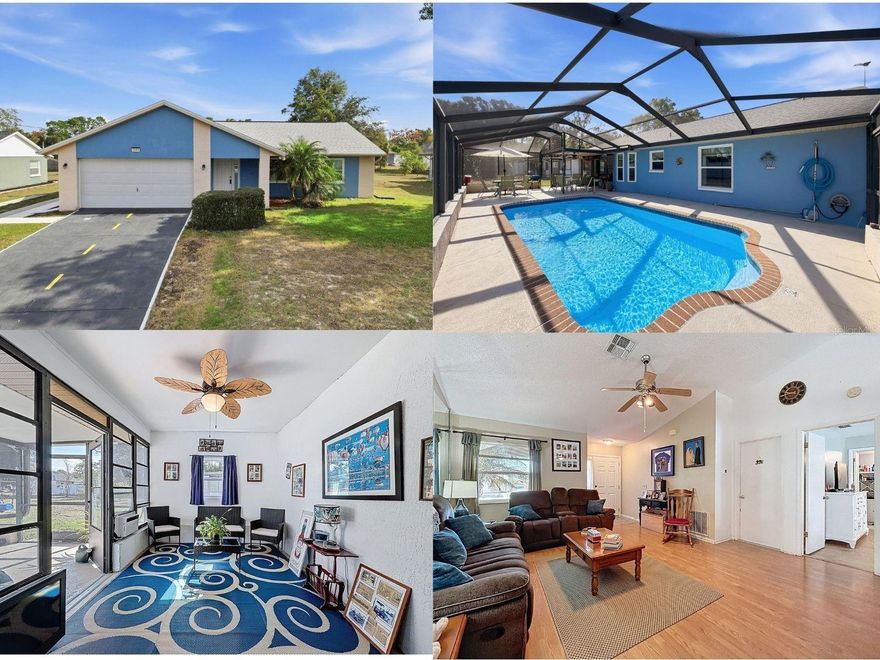 Looking for a move-in ready pool home well under $300K? You found it at 3288 Bluffview Dr!  Enjoy relaxed Florida living in this well-loved 2 bedroom, 2 bath home, offering comfort, flexibility, and peace of mind with major updates already completed. The additional 9x14 porch, enclosed with vinyl windows, provides a versatile space to start your day or unwind in the evening, all while overlooking the 12x24 screened, in-ground heated pool—a true private retreat designed for year-round enjoyment.
Recent improvements include a NEW ROOF (2024), NEWER AC (2021), NEW energy-efficient WINDOWS (2019) with custom window treatments, adding value, peace of mind and everyday comfort. The eat-in kitchen features oak cabinetry and Corian countertops, creating a welcoming space for everyday meals, hosting friends, and gathering after a day by the pool.
Outside, the property truly shines for those who love to travel or need extra space. Enjoy ample room to park an RV, complete with 30-amp/220 and 110 hookups, making this home ideal for adventurers or visiting guests. Hobbyists and DIY enthusiasts will also appreciate the 12x16 insulated workshop with electric, offering a dedicated space for projects, storage, or creative pursuits. Additional features include exterior gutters throughout. Well maintained and move-in ready, this home delivers a laid-back lifestyle where work, play, and relaxation come together effortlessly. Schedule your showing today