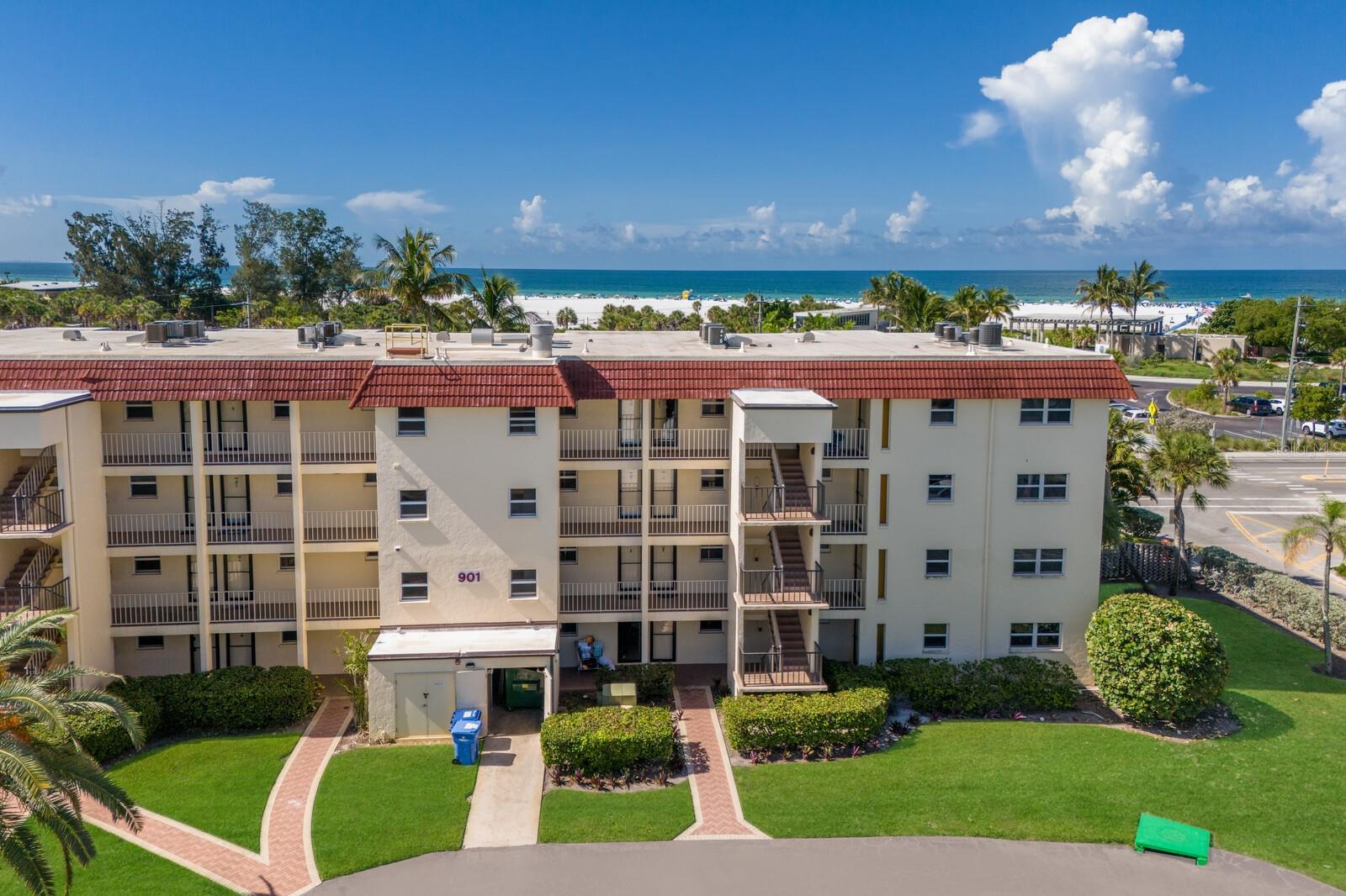 Siesta Key Beachfront Paradise – Rare Top-Floor Gulf View Condo!
Location, location, location! This stunning 2-bedroom, 1-bathroom, 753 sq. ft. top-floor unit in La Siesta’s Building A offers unobstructed, direct Gulf views from both the private screened balcony and the spacious primary bedroom. Rarely available and highly sought after, this turn-key furnished condo is situated directly across from Siesta Key Public Beach, providing the perfect opportunity for vacation living or an income-producing rental - this is one of the few weekly rental properties on Siesta Key with on-site management.
Designed for both comfort and style, this coastal-inspired retreat comfortably accommodates six guests. The primary suite features a king-size bed, walk-in closet, full dresser, and 48” wall-mounted TV, all with stunning beachfront views. The second bedroom offers a full-over-full bunk bed, dresser, walk-in closet, and 32” smart TV, while the living room provides a queen sleeper sofa, plush seating, a 55” smart TV.
The fully equipped kitchen allows for home-cooked meals, but for those who prefer to explore, charming Siesta Key Village is just a short walk or free trolley ride away, offering restaurants, shops, and nightlife.
La Siesta offers resort-style amenities, including a heated pool, fitness center, recreation room with pool table and ping pong, shuffleboard courts, grilling areas, laundry facilities, and assigned covered parking. The on-site full-time management team ensures easy rentals and a hassle-free experience.
Whether you're looking for a dream vacation home or a high-performing rental property, this rare top-floor Gulf-view condo is an incredible opportunity—don’t miss out!