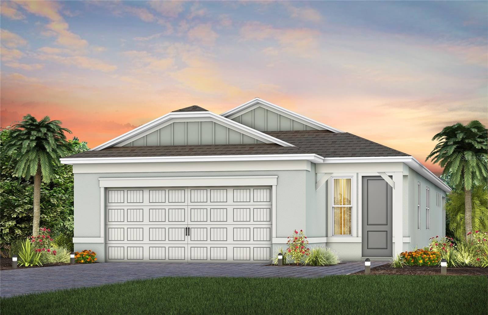 Under Construction. Del Webb Sunbridge is a gated 55+ active adult natural gas community offering new construction single family and villa homes with a low-maintenance lifestyle – and a Central Florida location in the center of it all. Del Webb Sunbridge offers an abundance of resort-style amenities with social events and activities centered in the 27,000-square foot clubhouse and planned by a full-time Lifestyle Director. With a zero-entry pool with lap lanes, resistance pool, poolside hammocks, and heated spa, sports courts, a movement studio, walking trails and more. Meet new friends at a resident club, take a painting class at one of the many art studios, attend a concert or show at the amphitheater, grab a bite at the on-site tavern & grille, or chat at the fire pits and grille pavilion. Get spoiled at Del Webb Sunbridge - after all, this is your time! Your home's exterior and yard maintenance are included, and fiber network provides up to gigabit internet speed. Del Webb Sunbridge’s resort amenities, sports courts, and Lifestyle Director with nearby Lake Nona truly make this the ideal neighborhood and a perfect location to call home.
Welcome to the Hallmark home by Del Webb, where beauty, luxury, and practicality blend seamlessly. This thoughtfully designed one-story home offers 2 bedrooms, an enclosed flex room, 2 bathrooms, a 2-car garage, and a covered lanai—perfectly tailored for both comfortable living and effortless entertaining. The heart of the home is the stunning kitchen, beautifully appointed with Dana Frost Cabinetry, Lagoon Quartz countertops, and a decorative tile backsplash. The granite single-bowl sink, upgraded faucet, and Whirlpool appliances ensure that this space is as functional as it is elegant. The open-concept design flows effortlessly into the café and gathering room, which are also bathed in natural light from many windows. A pocket sliding glass door leads to the covered lanai, merging the indoors with the outdoors for a truly inviting living experience. At the back of the home, the owner’s suite offers a private retreat. The spa-inspired en suite bath features a dual vanity with quartz countertops, an enclosed toilet, a frameless glass-enclosed shower, a linen closet, and a spacious walk-in closet. The secondary bedroom and bathroom, along with the flex room, are thoughtfully located down their own hallway, ensuring privacy for guests and loved ones. The versatile flex room can be used as a home office, hobby space, or anything else that suits your lifestyle. The laundry room offers cabinetry for storage, countertops perfect for folding, and a utility sink for convenience. From Satin Nickel hardware and plumbing fixtures to Sherwin Williams interior paint, comfort-height toilets, and 8’ doors, every element enhances the home’s beauty. The exterior includes thoughtfully placed gutters. Inside, Wood-Look Tile flooring flows throughout. For those who appreciate modern technology, this home is equipped with a smart thermostat & doorbell ensuring you stay connected while enjoying the comforts of modern living. Don’t miss your opportunity to make this exceptional home yours.