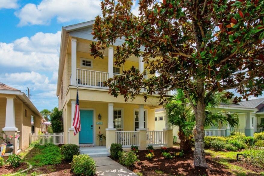 Welcome to your slice of paradise in River Sound, a quaint gated enclave where Key West-style architecture and serene natural surroundings create a true coastal living experience. This two-story gem is ideally perched at a higher elevation—offering peace of mind with no flood insurance required and zero storm intrusion in recent weather events. Tucked at the end of a lush, tree-lined street and surrounded by expansive green space, this 3-bedroom, 2.5-bathroom home captures the essence of laid-back coastal living. Enjoy tranquil lake views from both the first-floor porch and the private upstairs balcony off the primary suite—perfect for sipping morning coffee or unwinding at sunset. With its rear-load garage, the curb appeal is elevated and the street is quieter, creating a more private and picturesque setting. Inside, you’re greeted with airy open-concept living, filled with natural light pouring in through generous windows. The heart of the home is a bright and breezy kitchen featuring stainless steel appliances, a central island with breakfast bar, and an additional pantry—ideal for entertaining and everyday living. Step outside to your newly added courtyard patio—an inviting space for alfresco dining, evening firepit gatherings, or simply relaxing under the stars. Upstairs, the primary suite offers cathedral ceilings, an ensuite bath, and its own peaceful balcony retreat. Two additional spacious bedrooms share a convenient Jack & Jill bath, while the detached two-car garage provides flexibility for storage or a creative workspace. Beyond the home, River Sound delivers a resort-style lifestyle with a heated pool and spa, fishing pier on the scenic Braden River, nature trails, playground, and two dog parks. The low HOA includes lawn care, and with no CDD fees, you can spend less time on maintenance and more time enjoying the coastal lifestyle. All this just minutes from the vibrant offerings of Bradenton and Lakewood Ranch, with shopping, dining, I-75, and the UTC Mall just a short drive away. This is more than a home—it’s a rare opportunity to live the Florida dream in one of Bradenton’s most charming and picturesque gated communities.
