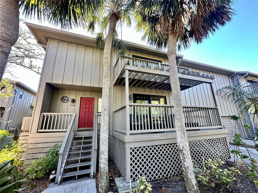 Freestanding Treehouse nestled in the trees with lush vegetation and live oaks, this 3 bedroom unit has 2 1/2 baths and a one car garage plus an oversized outdoor terrace. Available for annual rental unfurnished at $4000 or furnished at $4500. The first living level has a multi-use space consisting of a  dining room, living room, kitchen and  guest bath. The private upstairs space consists of the owner's suite and two guest bedrooms sharing a full bath.   The Landings is in close proximity to Siesta Key Beach, shopping, dining, arts district, downtown Sarasota, SRQ airport and Sarasota Memorial Hospital. The plaza just outside the community has a wonderful array of restaurants, Starbucks, fitness center, and Publix ... all a short stroll away. Enjoy the meandering nature trails, fishing at the pier on the Intracoastal Waterway or launch your kayak into the bay.  Conveniently located adjacent to The Landings is a Phillippi Harbor Club, rackominium and marina, with easy access to the bay & Intracoastal Waterway for boating.