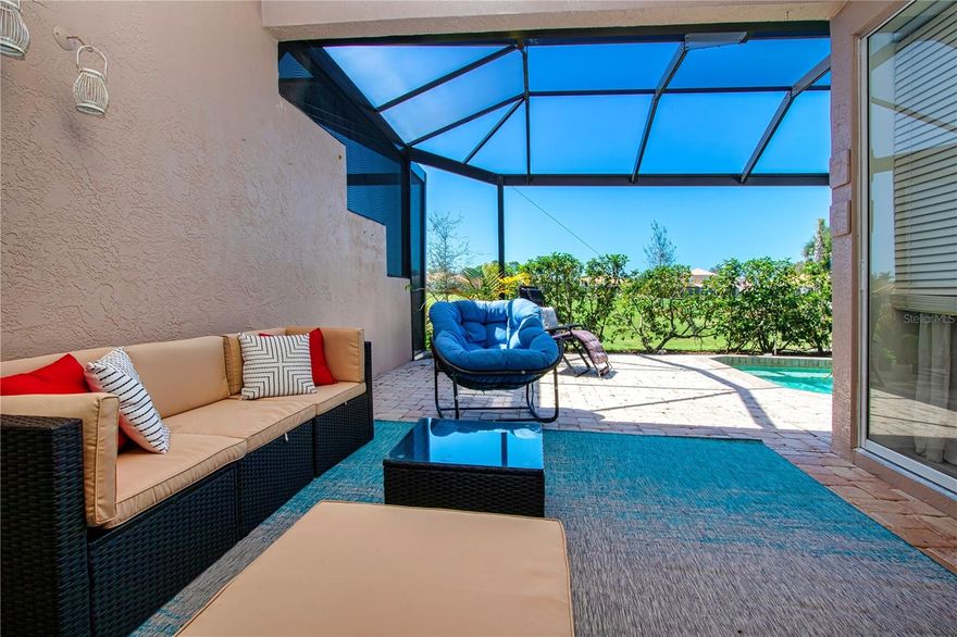NEW PRICE on this stunning Forest Hills POOL HOME on the 5th Hole! Featuring a screened-in panoramic pool/patio cage-enclosure! This beautiful home is located in Stoneybrook Golf and Country Club, a premier gated golf community situated on Sarasota’s highly sought-after Palmer Ranch. This residence exemplifies exceptional style and quality, boasting 2 bedrooms, 2 bathrooms, and a versatile den/media room. The recently updated open floor plan highlights newer engineered hardwood floors throughout. The home also features high ceilings, and a beautifully designed kitchen and dining area. The expansive primary suite features a large walk-in closet, a dual-sink vanity, and a Roman tub. Step outside to discover your own private oasis—an extended lanai with an outdoor area featuring a sparkling private (buried) propane heated pool, all overlooking the 5th hole of the golf course. Stoneybrook offers exceptional resort-style amenities, including a clubhouse, fitness center, resort-style and a heated community pool, spa, tennis courts, and bocce ball facilities. Enjoy convenient walking access to the Legacy Trail, and a short drive to various restaurants, shopping destinations, and the renowned Siesta Key Beach. Experience the epitome of Sarasota living.