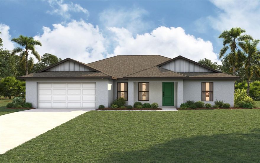 Under Construction. New construction with warranty!  *Estimated delivery July 2026.* The St. Augustine blends elegant design with everyday functionality, offering the perfect balance of indoor comfort and outdoor living. A welcoming covered front porch leads into the heart of the home, where an open-concept layout with a vaulted ceiling creates a sense of spaciousness and flow. The dining area with double windows, gourmet kitchen with a freestanding island and pantry, and expansive Great Room with sliding glass doors all work together to maximize natural light and create an inviting atmosphere. Step outside to the large covered lanai—ideal for relaxing or entertaining.  The private Primary Suite is a true retreat, featuring two generous walk-in closets and an en-suite bathroom with a dual sink vanity, a tiled walk-in shower, and a large linen closet for added convenience. On the opposite side of the home, three additional bedrooms provide flexibility for family, guests, or the perfect home office.  Additional features include:  Quartz countertops in kitchen and baths, Shaker-style cabinetry with soft-close doors, stainless steel kitchen appliance package, upgraded plank tile flooring in main living areas, hurricane-impact windows and doors, covered entry, and an attached 2-car garage with direct access to the laundry room.  Pictures, renderings, & virtual tour are of similar home & are used for display purposes only.