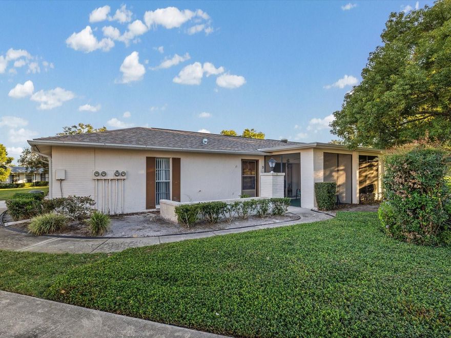 This is a very well maintained and clean 2 bed and 2 full bath condo with a very spacious 1 car garage that includes a washer and dryer. The primary bedroom has a large walk in closet and the attached bathroom has a convenient walk in shower. The kitchen includes a stove, refrigerator with an ice maker, dishwasher, disposal and a pantry with plenty of storage space. The carpet and ceramic tile throughout are in great condition. There is also a 10'x10" screened in and covered patio right next to the front door. All of the windows include vertical blinds. This a a very nice community located near all of the essentials from doctors offices, hospitals, restaurants, shopping and more.