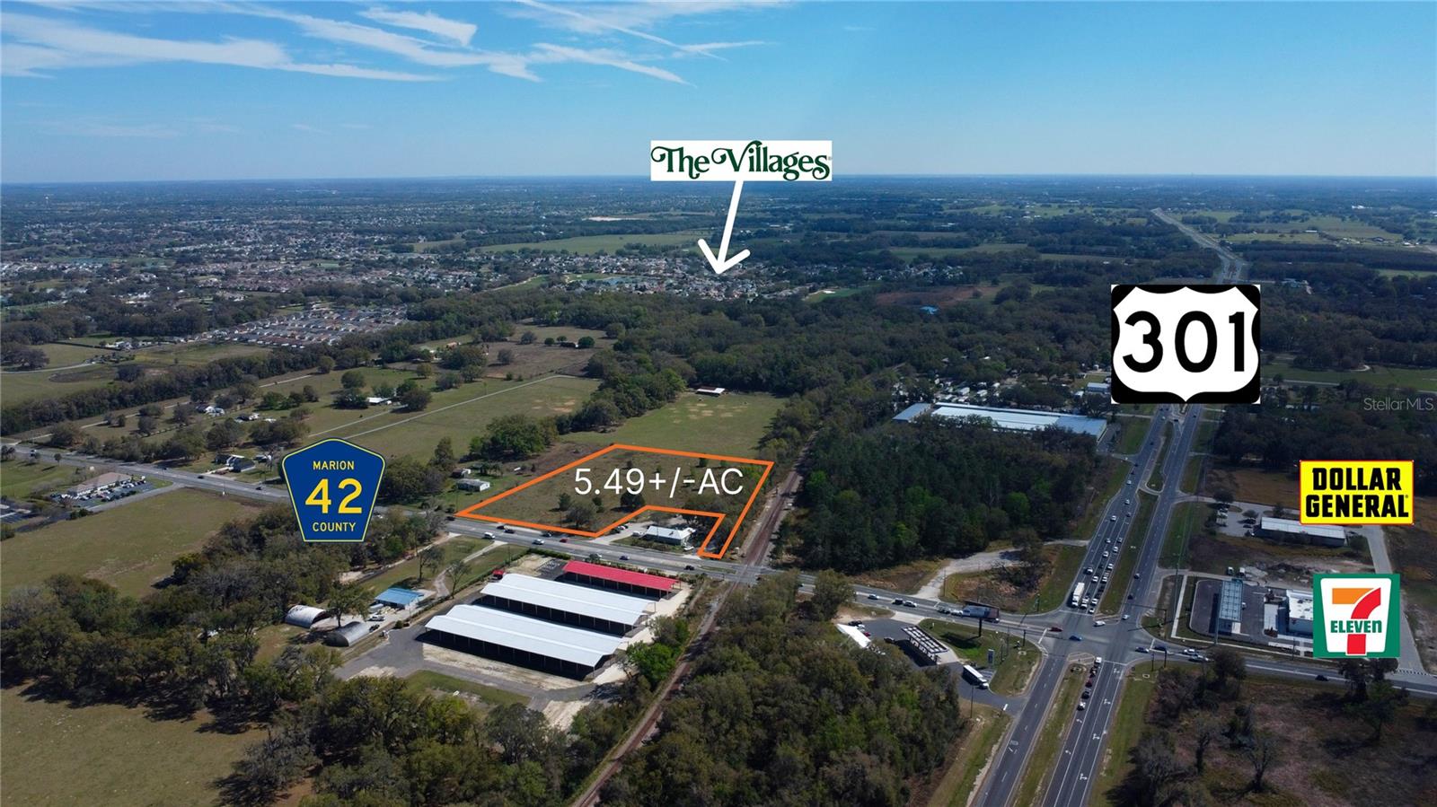 5.49 commercial acres situated approximately 0.5 miles northwest of The Villages and east of the intersection of Highway 42 and US 301, with excellent visibility along Hwy 42. This strategically located property is well-suited for the establishment of a retail store, office, gas station, church, or sales center. The fully entitled property features a 12-inch sewer pressurized mainline that traverses the south side of Highway 42, while a 12-inch water mainline runs along the north side of US 42. Additionally, the property is conveniently located just a quarter mile west of the upcoming Marion County Medical Examiner’s Office, with construction commencing in 2025.
Highlights:
Close to The Villages
Commercial Land Use and Zoning
422 ft of frontage on Hwy 42
2 Miles from Publix