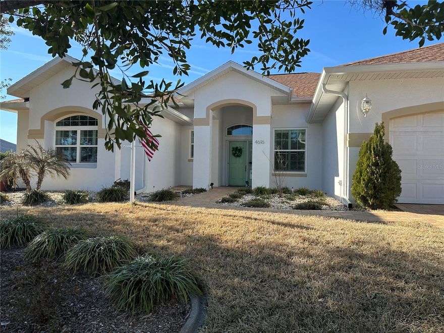 ASSUMABLE VA LOAN 2.5 FOR QUALIFIED BUYERS  ....Welcome to Laurel Ridge,  stylish in beautifully appointed 3-bedroom, 2-bath Custom Block Home 
• Soaring 12-foot ceilings 
• New Roof
• Upgraded Thermal Windows
• Water Filtration System with R/O System
• Solar Heated saltwater pool
• New kitchen appliances including induction oven
• Pavered Drive way, Landscaping
Fall in Love with the open airy feel complemented by rich hickory laminate flooring. The family room has built-in shelving. This home offers peace of mind with 2023 HVAC and 2023 Hot Water heater, plus extra attic insulation throughout. Elegant plantation shutters in dining room and electric shades in the den. The kitchen is designed with a cabinet-depth refrigerator/freezer, large pantry. Both bathrooms have been tastefully updated. The epoxy-finished garage floor adds a clean, polished touch. The low HOA includes fiber optic internet and use of the community pool. Take advantage of the Florida lifestyle with a golf course with in the community. Upcoming new hospitals, and shopping under construction nearby. No flooding here in this centrally located home that offers convenience and a relaxed lifestyle—enjoy everything Laurel Ridge and the surrounding area has available. MOVE IN READY.