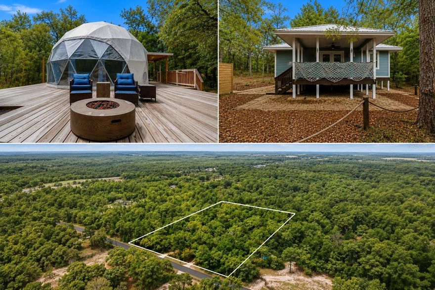 Tucked away on almost 5 wooded acres in Florida’s Nature Coast, this one-of-a-kind property offers a rare blend of privacy, character, and income potential. The centerpiece is a striking geodesic dome—an unforgettable guest experience with soaring ceilings, natural light, and a thoughtfully designed interior that balances openness with comfort. A separate bungalow provides additional flexibility for rental income, guest accommodations, or personal use. Designed for experience-driven travel—not just accommodation—the property invites guests to slow down and connect with nature. A winding private drive leads through mature trees to a peaceful setting, complete with outdoor gathering spaces, and a firepit—ideal for relaxing under the stars. Currently operating as a successful short-term rental, the property has generated approximately $60,000+ annually with strong guest demand and consistent 5-star reviews. The bungalow also has forward bookings in place through December, offering immediate income continuity for the next owner. Additional performance details available upon request. Conveniently located near Crystal River, Rainbow River, and Inverness, with easy access to kayaking, manatee tours, and scenic biking trails.Whether you’re seeking a private retreat, a unique investment opportunity, or a blend of both, this property offers a truly distinctive opportunity in a market with limited comparables. Active short-term rental. Please do not disturb guests. Showings by appointment only.