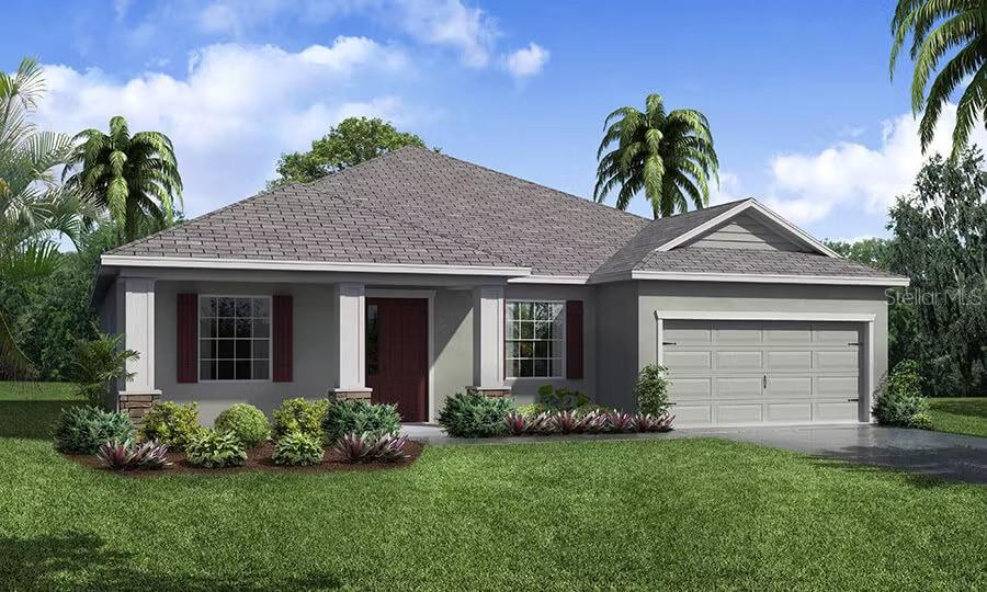 Under Construction. New construction home with 2109 square feet on one-story including 4 bedrooms with den, 3 baths, and an open living area. Enjoy an open kitchen with Samsung stainless steel appliances, and a large breakfast bar fully open to the gathering room. The living area, laundry room, and baths include luxury wood vinyl plank flooring, with stain-resistant carpet in the bedrooms. Your owner's suite is complete with a walk-in wardrobe and a private en-suite bath with dual vanities, a large, tiled shower, and a closeted toilet. Plus, enjoy a covered lanai, 2-car garage, custom-fit window blinds, architectural shingles, energy-efficient insulation and windows, and a full builder warranty. “Please note, virtual tour/photos showcases the home layout; colors and design options in actual home for sale may differ. Furnishings and décor do not convey.