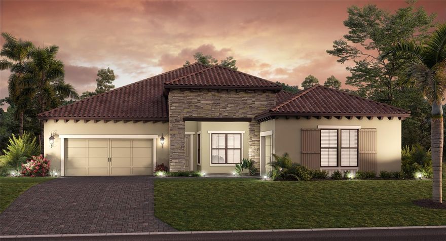 Under Construction. This Italian inspired Positano  floor plan features luxury designer selections with a light and bright pallet. The home comes with a pool and spa and a natural gas fireplace. It is also pre-plumbed for an outdoor kitchen. An extended covered lanai greatly expands the outdoor living space with door access from the master bedroom. Inside you will find a 13 ft recessed ceiling and pocket sliding glass door in the Great room and impact glass throughout the home. The kitchen is  two tone with white perimeter cabinets and walnut kitchen island, quartz counter tops, double stack cabinets, kitchen back splash, upgraded stainless appliance package. There is a washer and dryer included along with many other luxury upgrades.