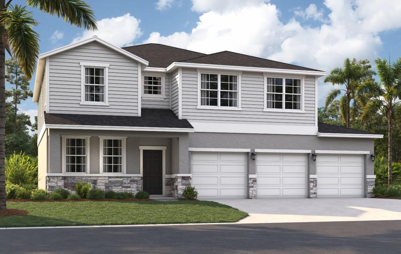 One or more photo(s) has been virtually staged. Under Construction. Discover the perfect home at Groves at Grand Island, where you'll experience the convenience of a spacious three-car garage, expansive grounds, and accessibility with its incredible location. Nestled between Lake Yale and Lake Eustis, and situated just off Routes 44 and 452, you'll enjoy convenient access to downtown Eustis, Mount Dora, and Orlando. Running errands or stocking up on groceries is a breeze with Publix Super Market just 7 minutes away. You'll also have access to local restaurants and shops in downtown Eustis and Mount Dora, just minutes away. If you're a fan of an active lifestyle and love the outdoors, you'll love finding numerous parks, lakes, golf courses, and nature preserves nearby. Experience a world of convenience and adventure while living in a peaceful, rural setting near all the beautiful orange groves.
At nearly 3,000 square feet, the two-story, single-family home, The Chester, has a spacious and inviting layout for all buyers. The front entry and three-car garage flow directly into the open kitchen, where visitors can gather to prepare meals and relax together. Windows along the exterior wall lead to the outdoor patio and provide spectacular morning and evening light throughout the main living area. Tucked away at the front of the home are spaces for working and relaxing, both upstairs and downstairs. A first-floor office and a loft area above provide the extra space everyone needs. The second floor has a separate hallway with three bedrooms and a shared guest bathroom with a double vanity to help make mornings more efficient, and the laundry room is located around the corner for added convenience. A large primary suite offers everything needed for privacy and comfort, including a double vanity and two walk-in closets.