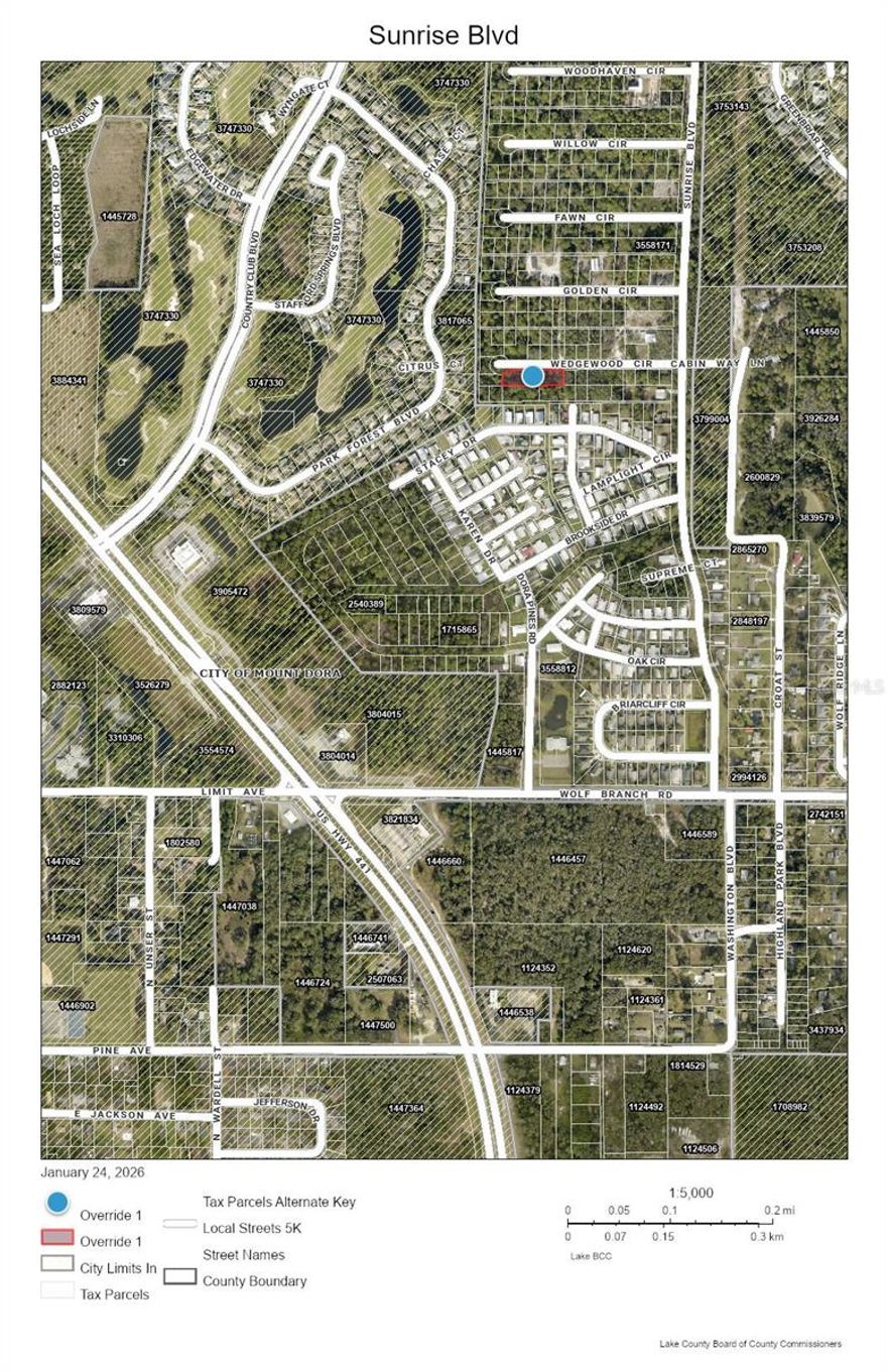 Five lots combined to make .58 acre.  Utilities are available adjacent to the property.  Amenities may be available - check with Dora Pines. Buyer is responsible to verify utilities, restrictions, easements and building guidlines.  Vacant land will recieve a true mailing address once improved.   From Wolf Branch Road in Mount Dora turn North onto Sunrise Blvd. ('It's the only option)  Go to the end of the pavement and turn left.  Property is on the left before the cul-de-sac.  300 ft Frontage